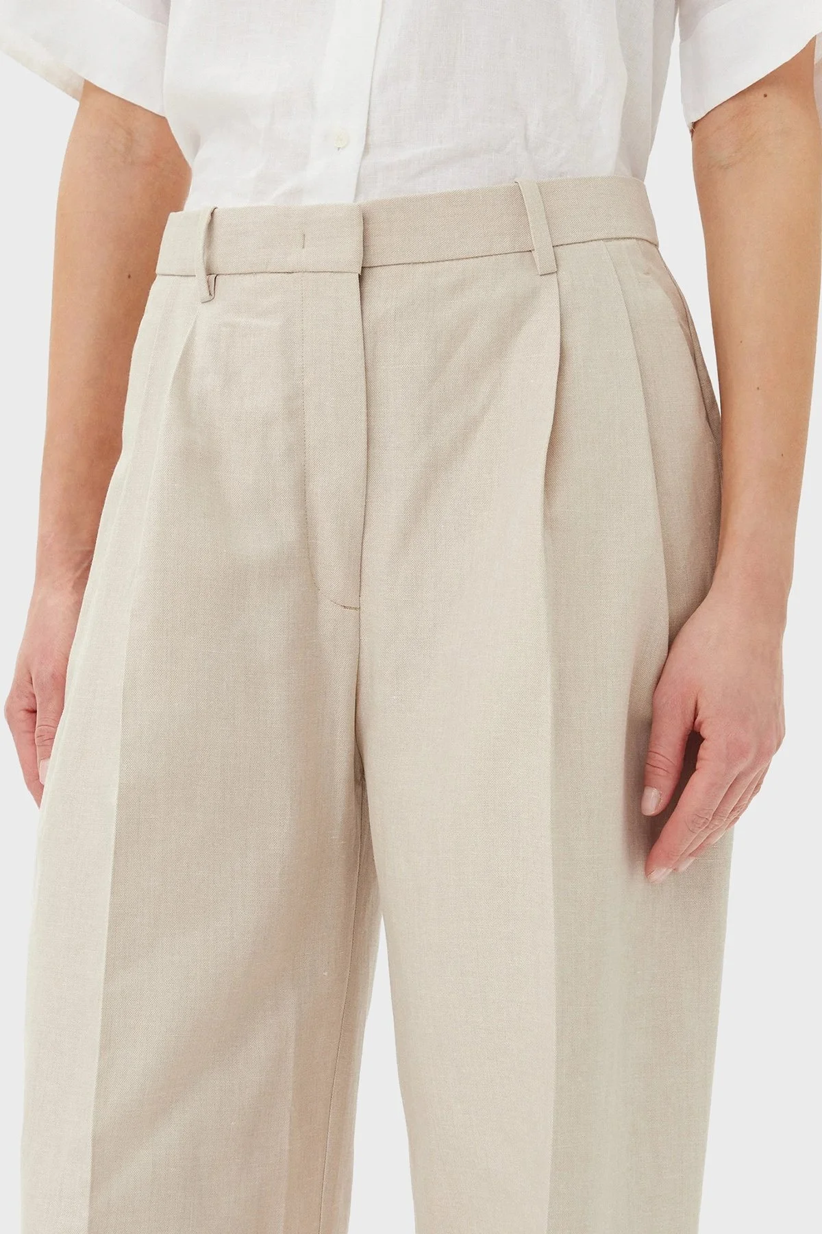 Tommy Hilfiger Relaxed Fit Yüksek Bel Geniş Paça Keten Kumaş Bayan Pantolon WW0WW45460 ACI BEJ - 10