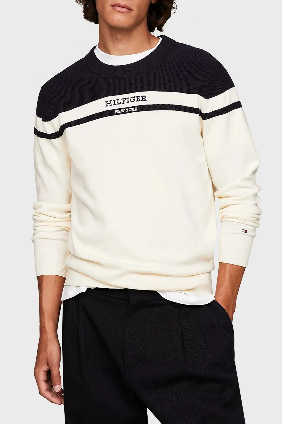 Tommy Hilfiger Renk Bloklu Bisiklet Yaka % 100 Pamuk Regular Fit Erkek Kazak MW0MW33529 0G1 BEYAZ - 1