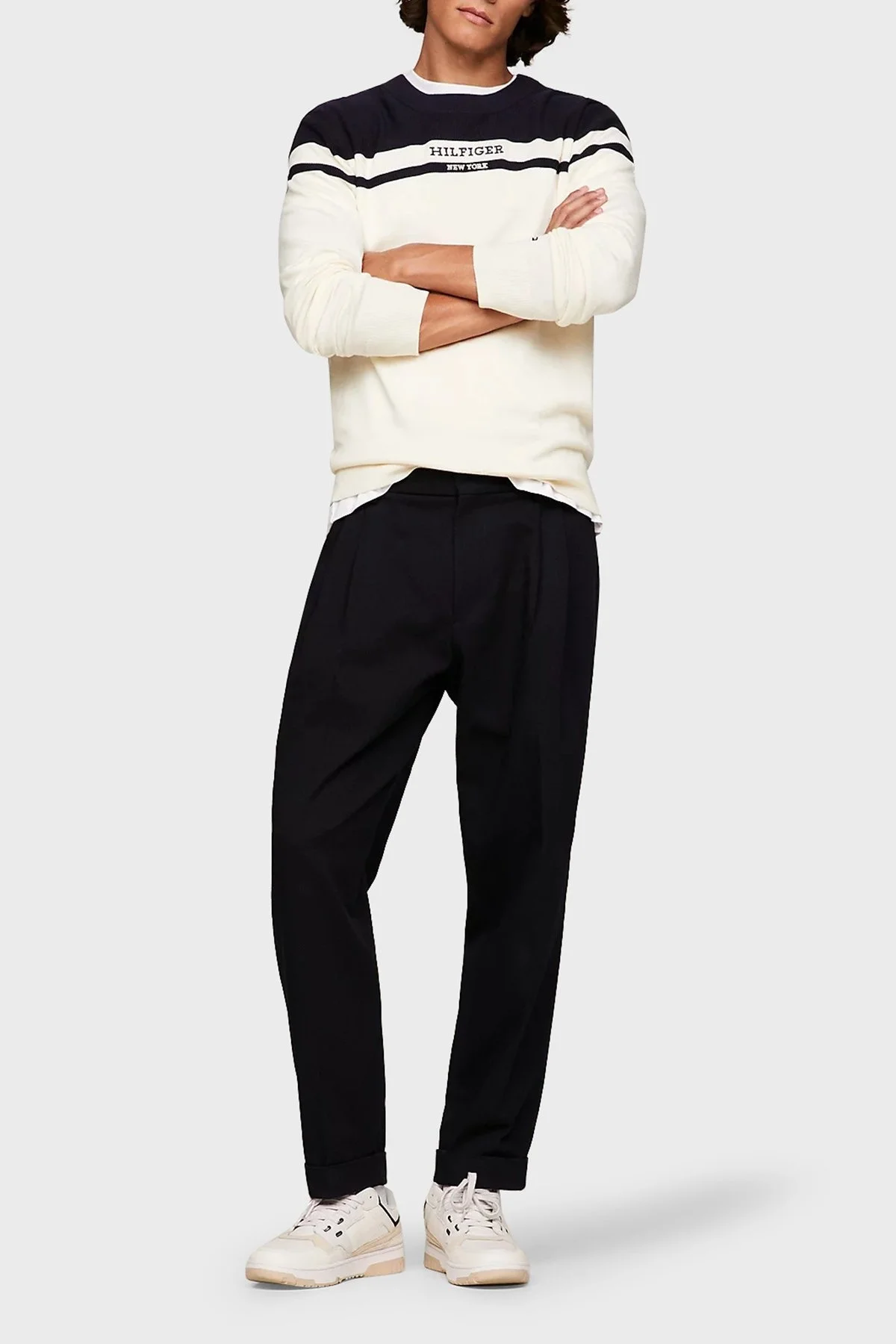 Tommy Hilfiger Renk Bloklu Bisiklet Yaka % 100 Pamuk Regular Fit Erkek Kazak MW0MW33529 0G1 BEYAZ - 4