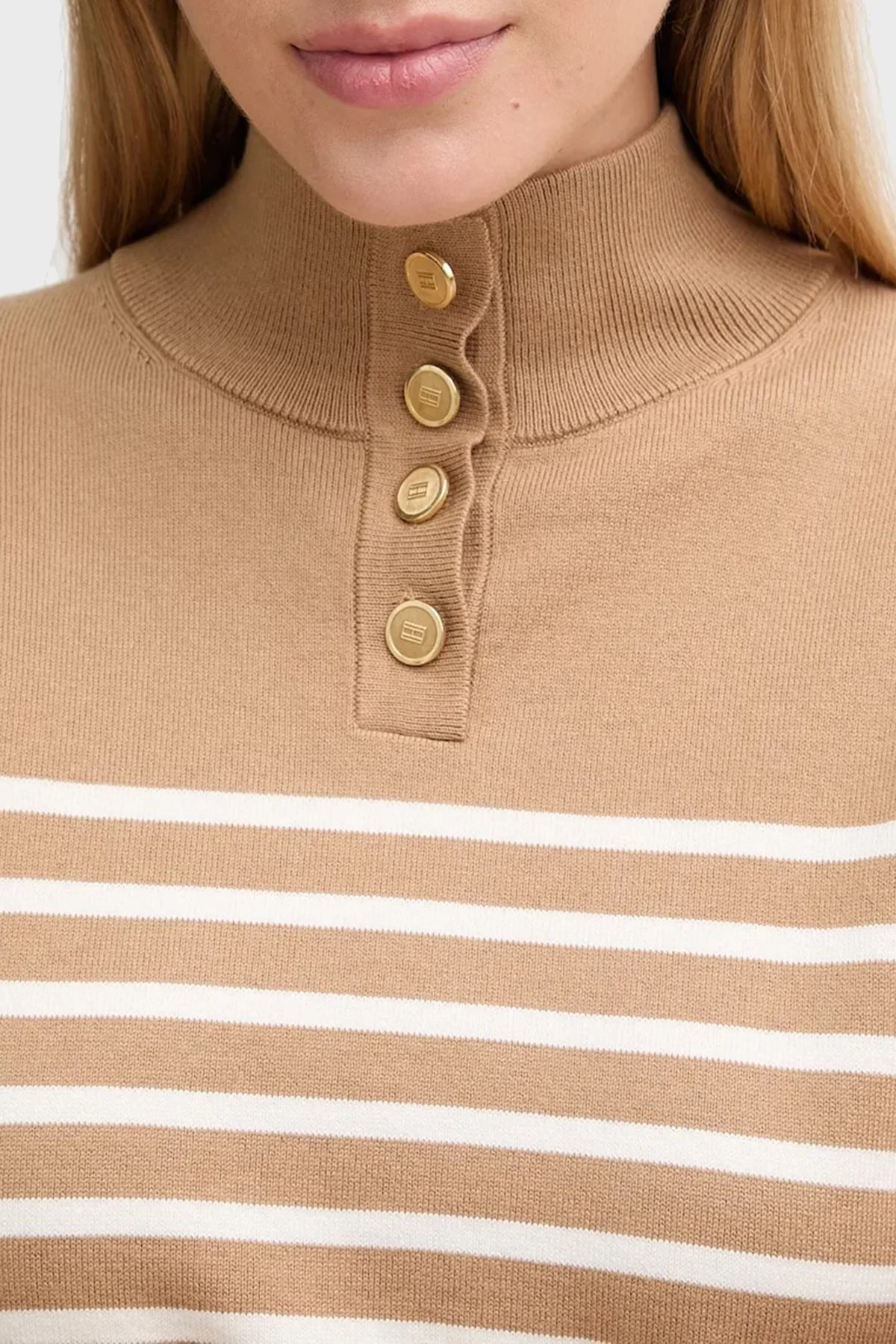 Tommy Hilfiger Şeritli Pamuklu Regular Fit Düğmeli Balıkçı Yaka Bayan Kazak WW0WW47467 0AF BEJ - 4