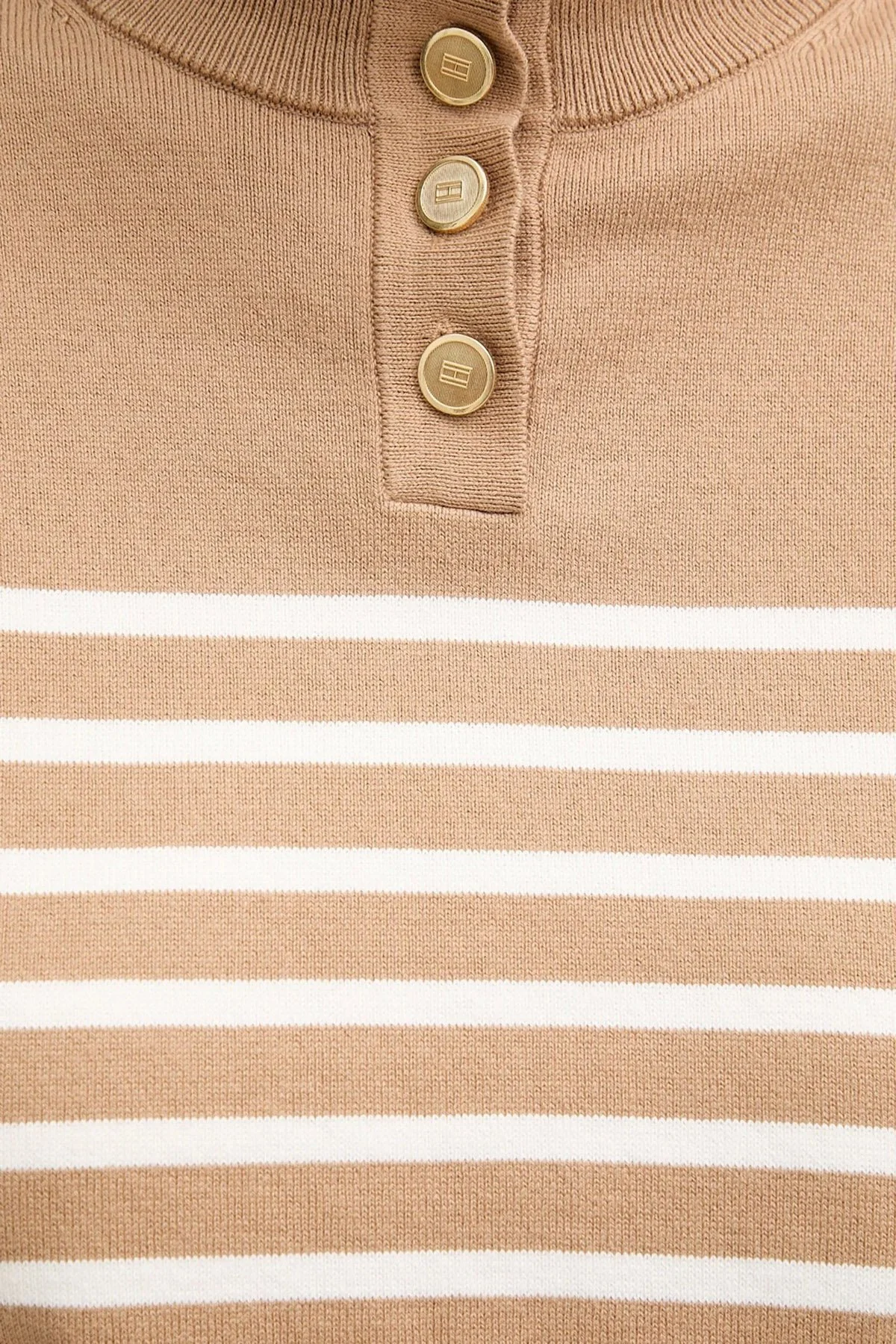 Tommy Hilfiger Şeritli Pamuklu Regular Fit Düğmeli Balıkçı Yaka Bayan Kazak WW0WW47467 0AF BEJ - 5