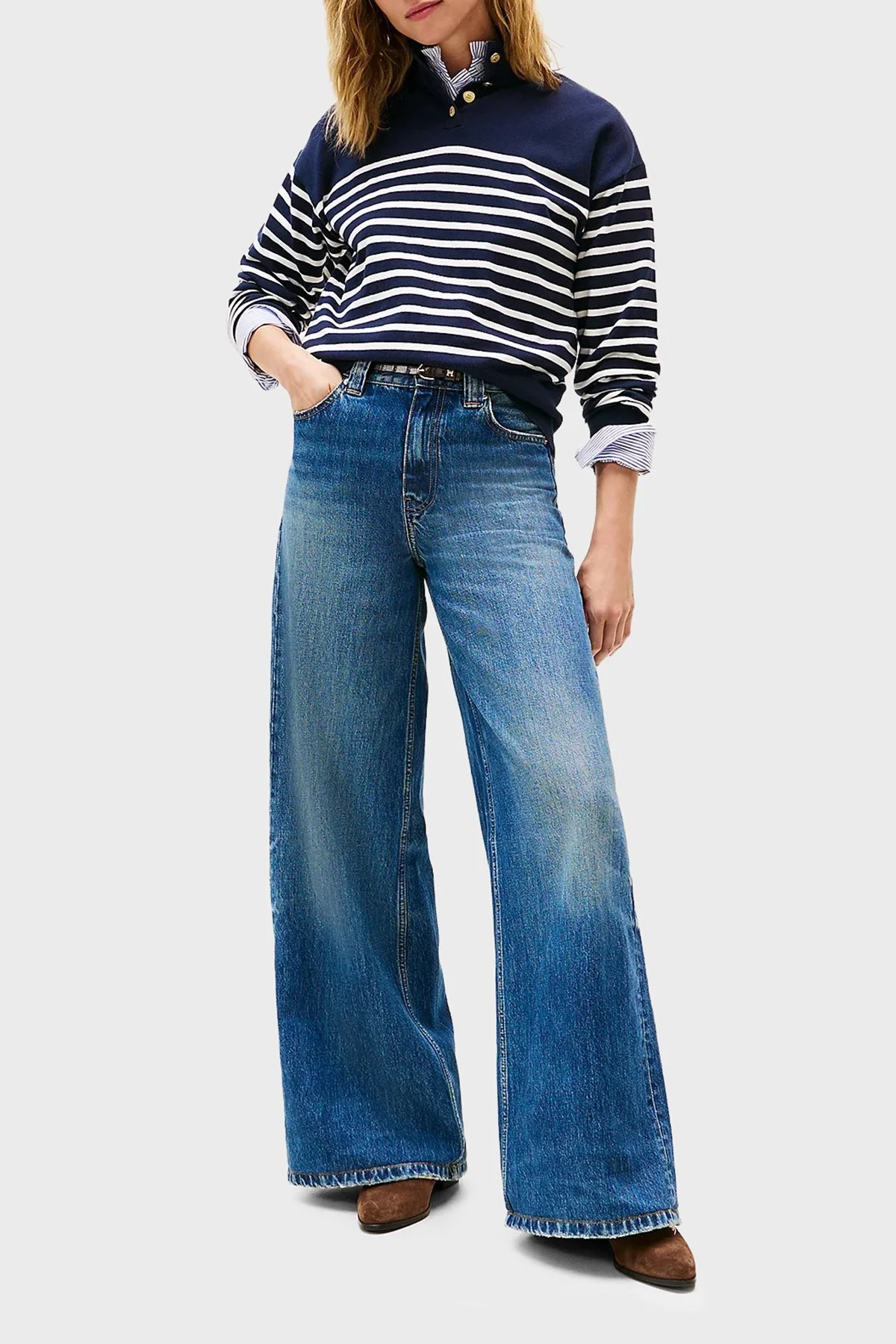 Tommy Hilfiger Şeritli Pamuklu Regular Fit Düğmeli Balıkçı Yaka Bayan Kazak WW0WW47467 0FI LACİVERT-BEYAZ - 2