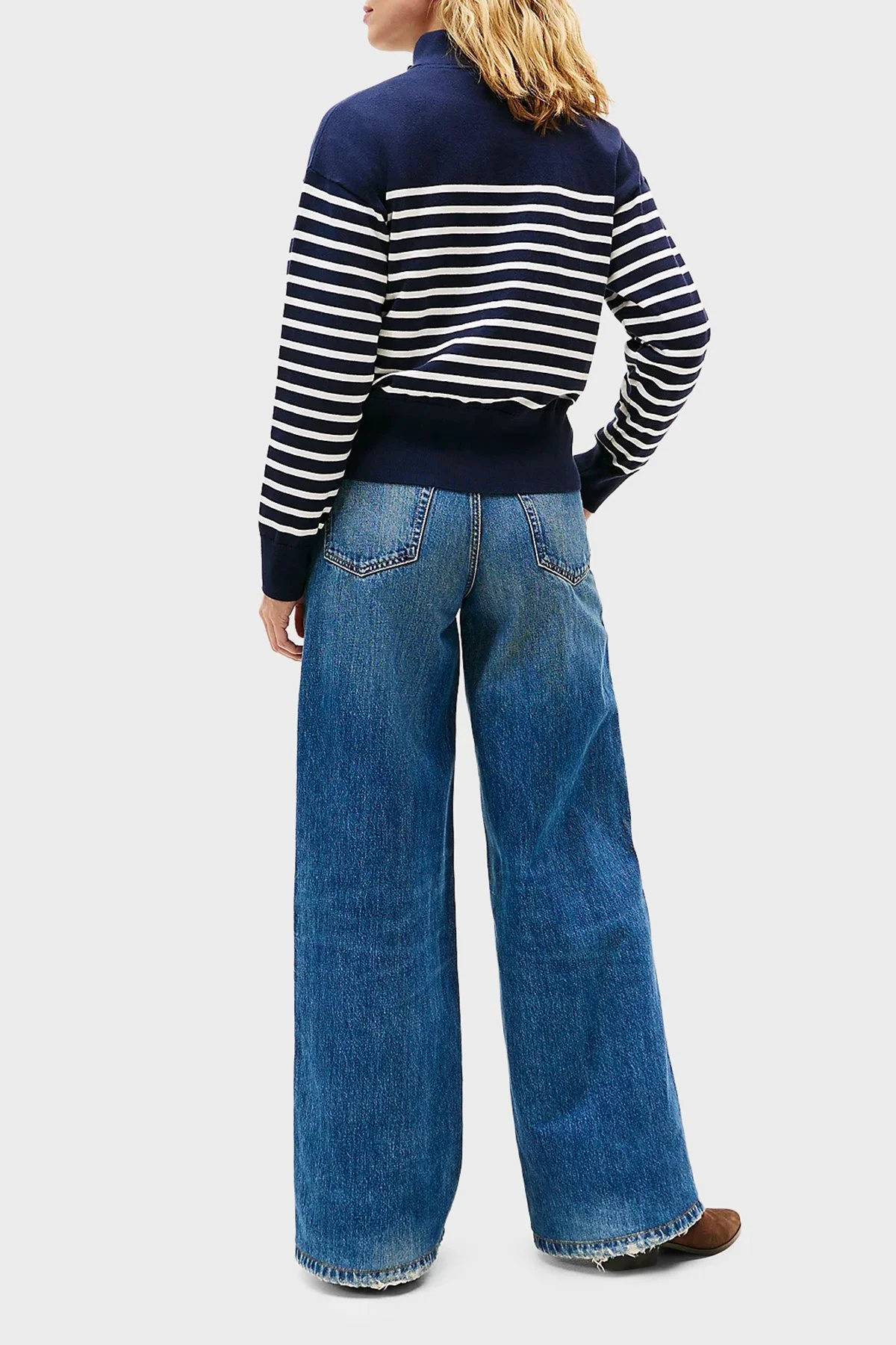 Tommy Hilfiger Şeritli Pamuklu Regular Fit Düğmeli Balıkçı Yaka Bayan Kazak WW0WW47467 0FI LACİVERT-BEYAZ - 3