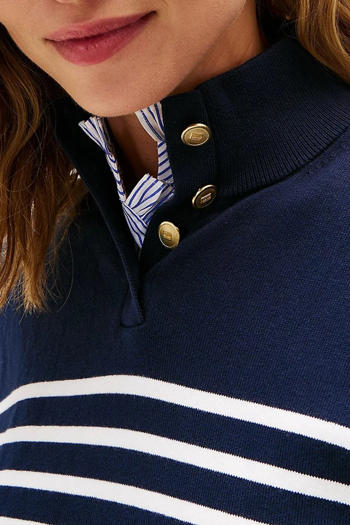 Tommy Hilfiger Şeritli Pamuklu Regular Fit Düğmeli Balıkçı Yaka Bayan Kazak WW0WW47467 0FI LACİVERT-BEYAZ - 4