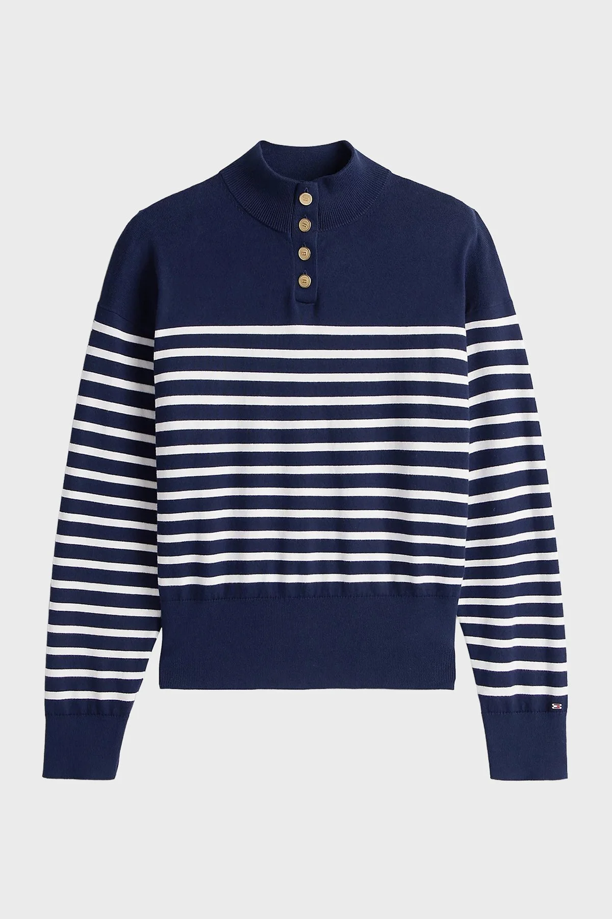 Tommy Hilfiger Şeritli Pamuklu Regular Fit Düğmeli Balıkçı Yaka Bayan Kazak WW0WW47467 0FI LACİVERT-BEYAZ - 5