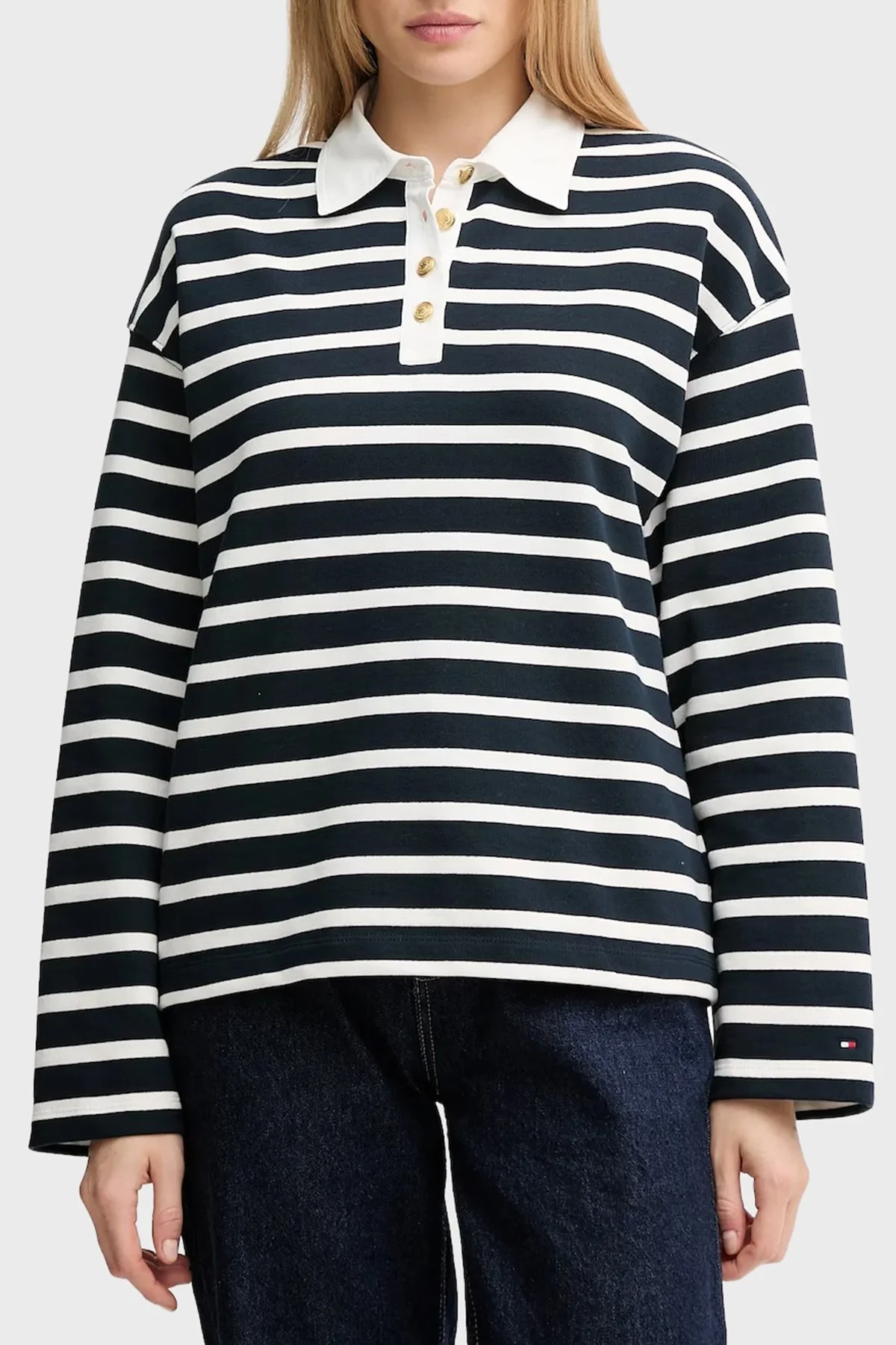 Tommy Hilfiger Şeritli Pamuklu Relaxed Fit Düğmeli Bayan Polo Yaka Sweat WW0WW47457 0Y7 LACİVERT-BEYAZ - 1