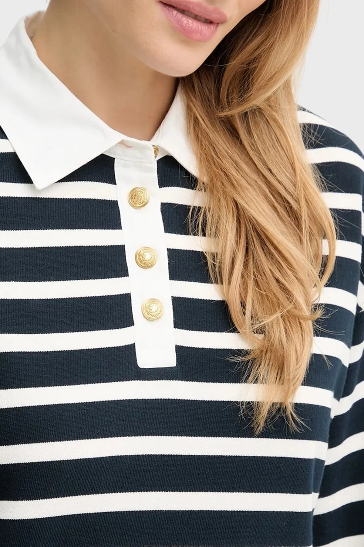 Tommy Hilfiger Şeritli Pamuklu Relaxed Fit Düğmeli Bayan Polo Yaka Sweat WW0WW47457 0Y7 LACİVERT-BEYAZ - 4