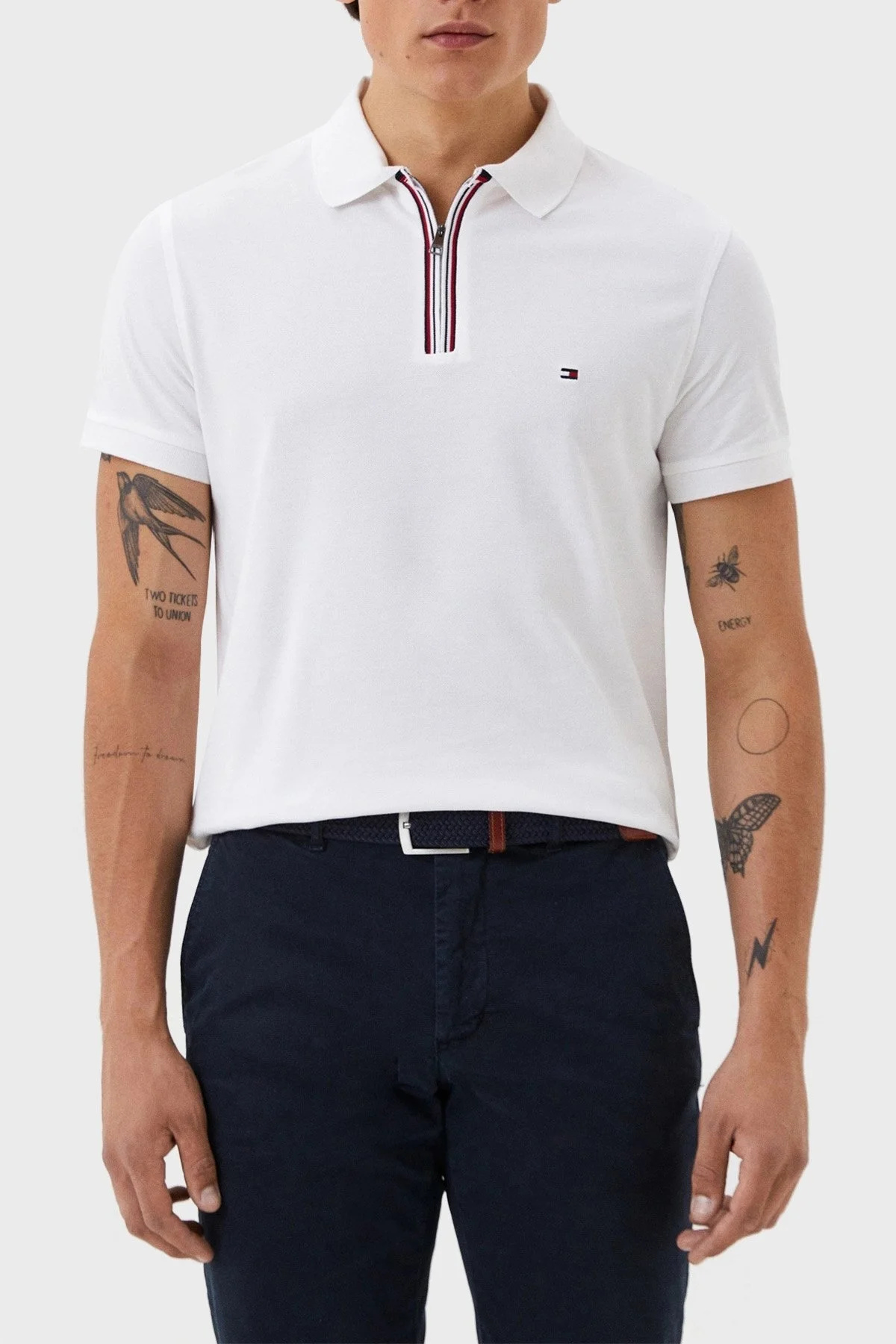 Tommy Hilfiger Slim Fit % 100 Pamuklu Fermuarlı Erkek Polo Yaka T Shirt MW0MW31677 YBR BEYAZ - 1