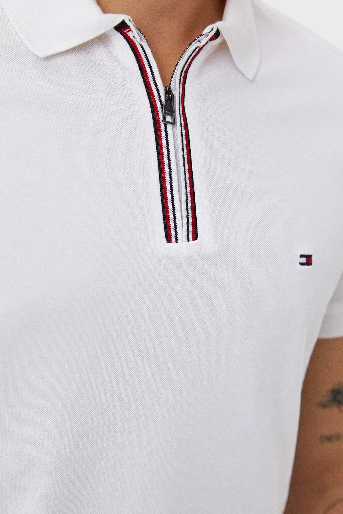 Tommy Hilfiger Slim Fit % 100 Pamuklu Fermuarlı Erkek Polo Yaka T Shirt MW0MW31677 YBR BEYAZ - 3