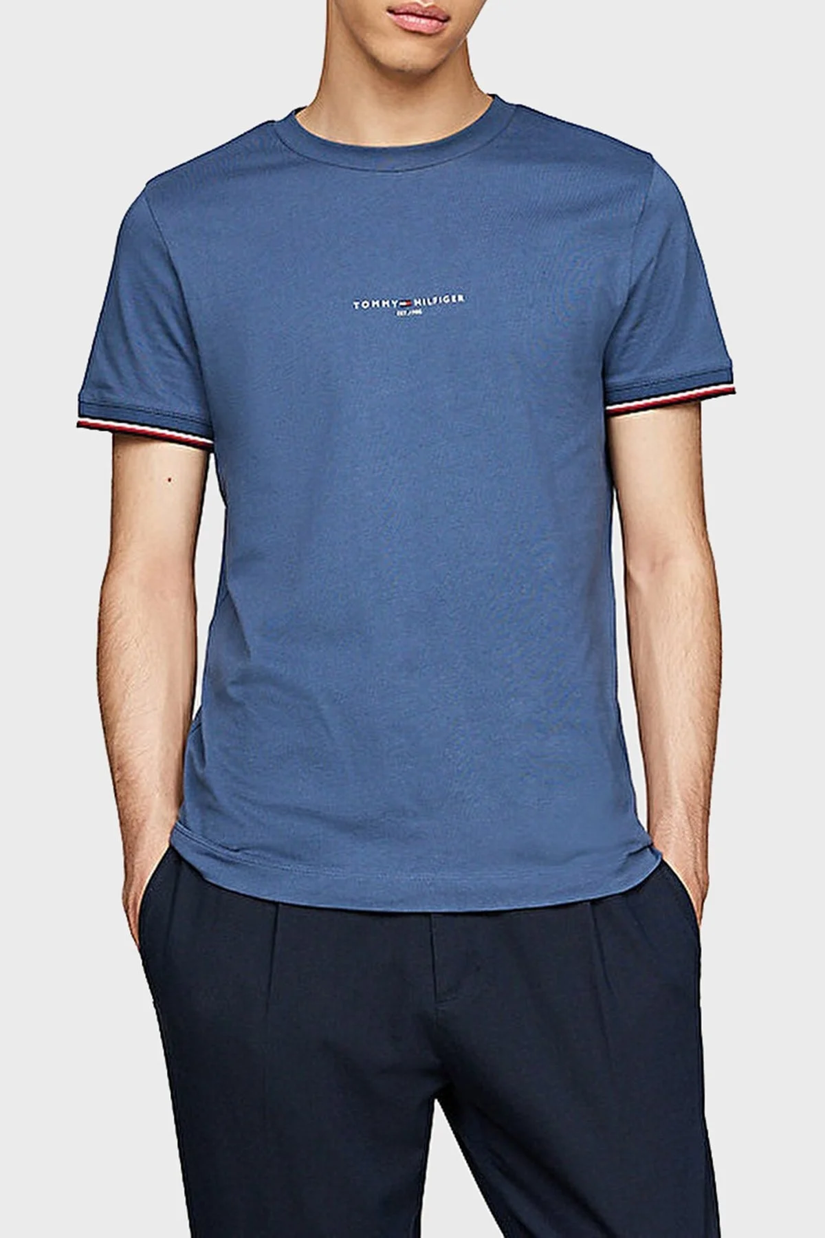 Tommy Hilfiger Slim Fit Bisiklet Yaka Erkek T Shirt MW0MW32584 DBZ MAVİ - 1