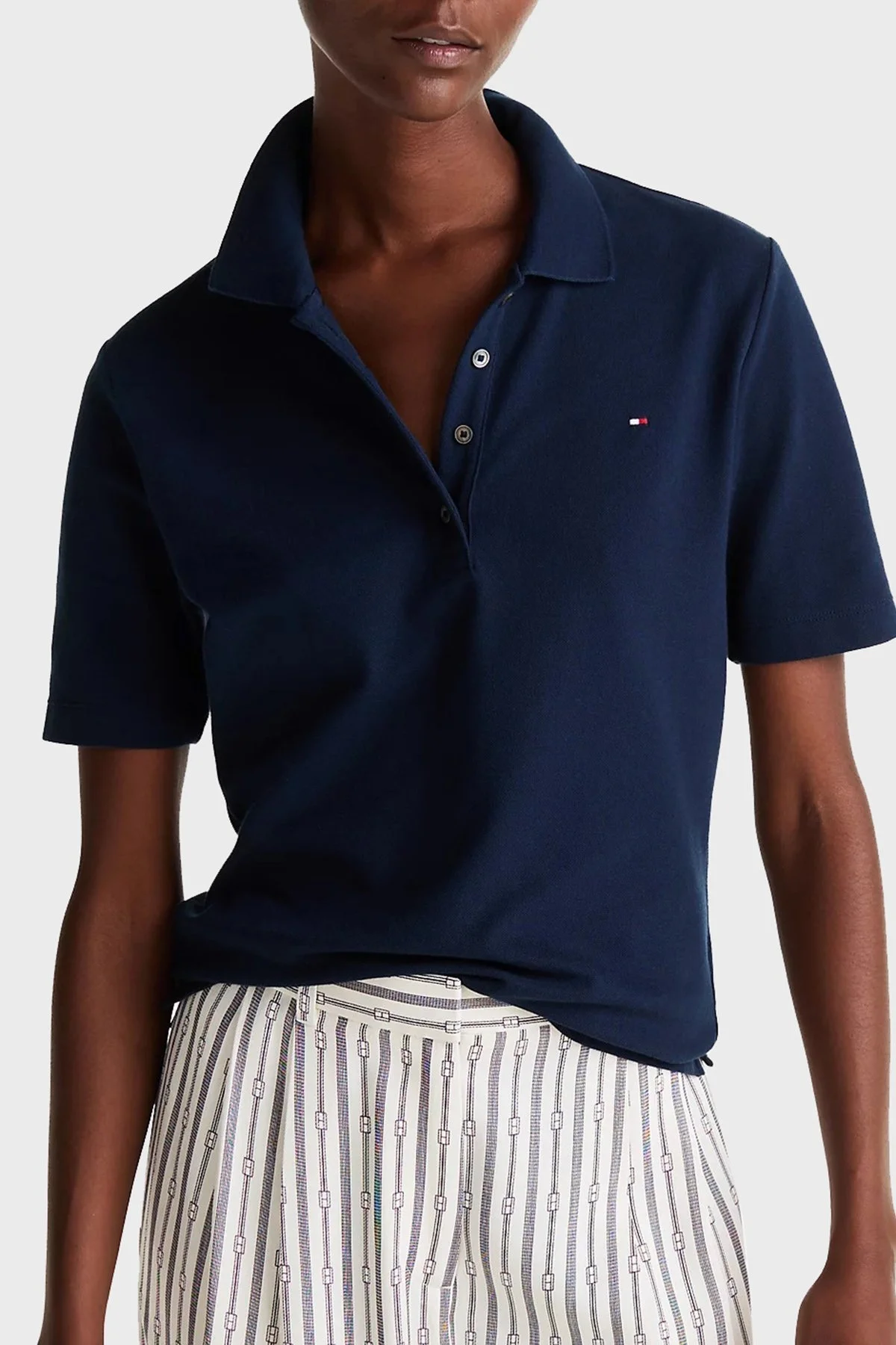 Tommy Hilfiger Streç Pamuklu Regular Fit Düğmeli Bayan Polo Yaka T Shirt WW0WW43224 C1G LACİVERT - 6