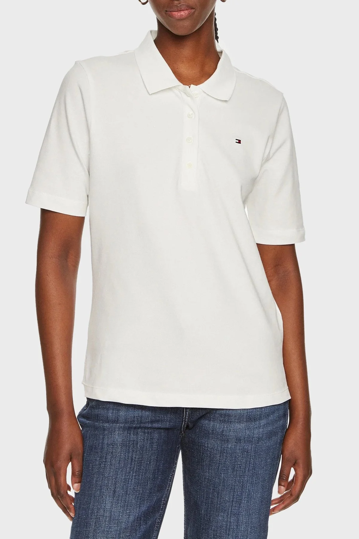 Tommy Hilfiger Streç Pamuklu Regular Fit Düğmeli Bayan Polo Yaka T Shirt WW0WW43224 YBL BEYAZ - 6