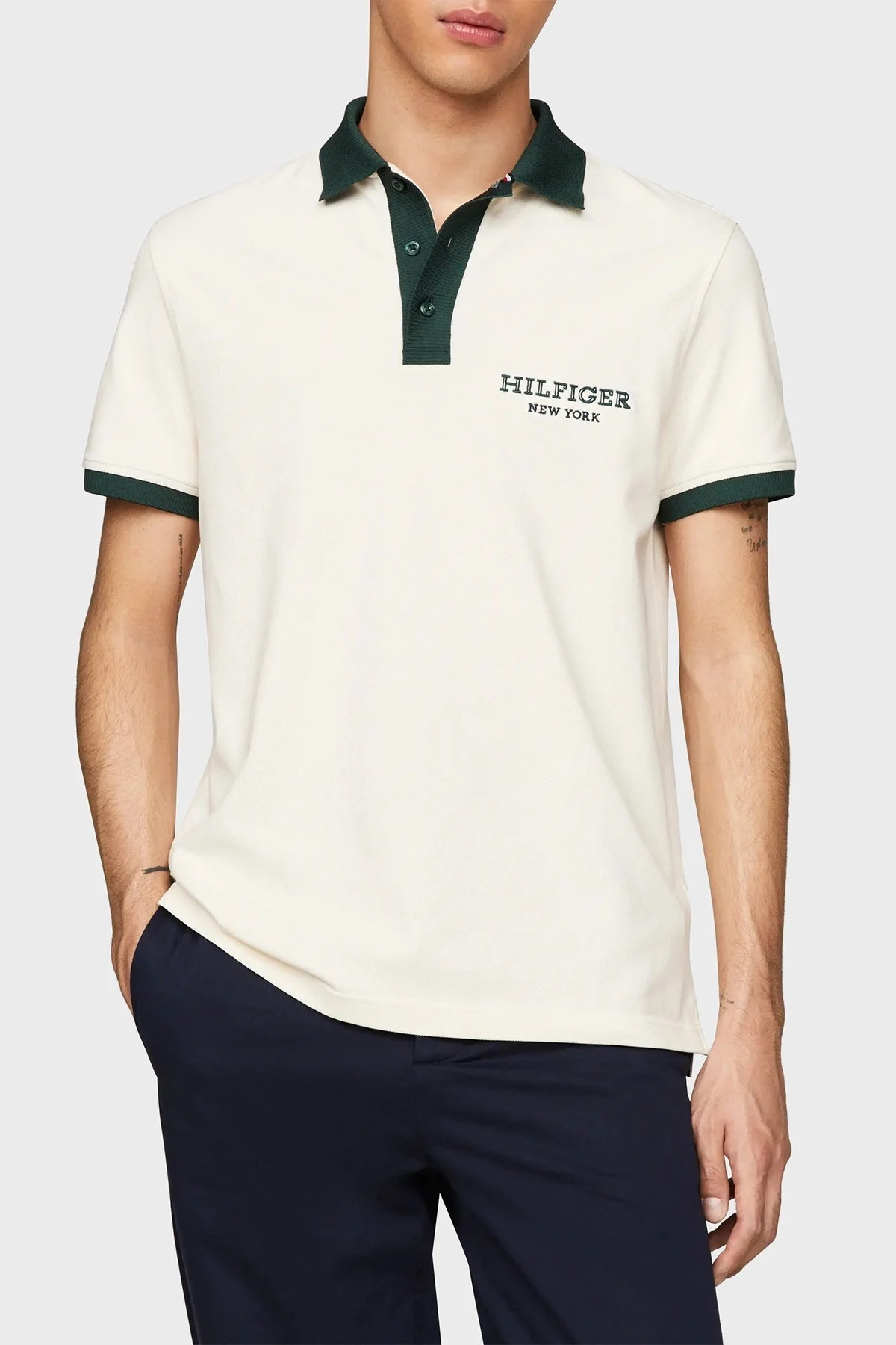 Tommy Hilfiger Streç Pamuklu Regular Fit Erkek Polo Yaka T Shirt MW0MW34770 AEF BEJ - 1