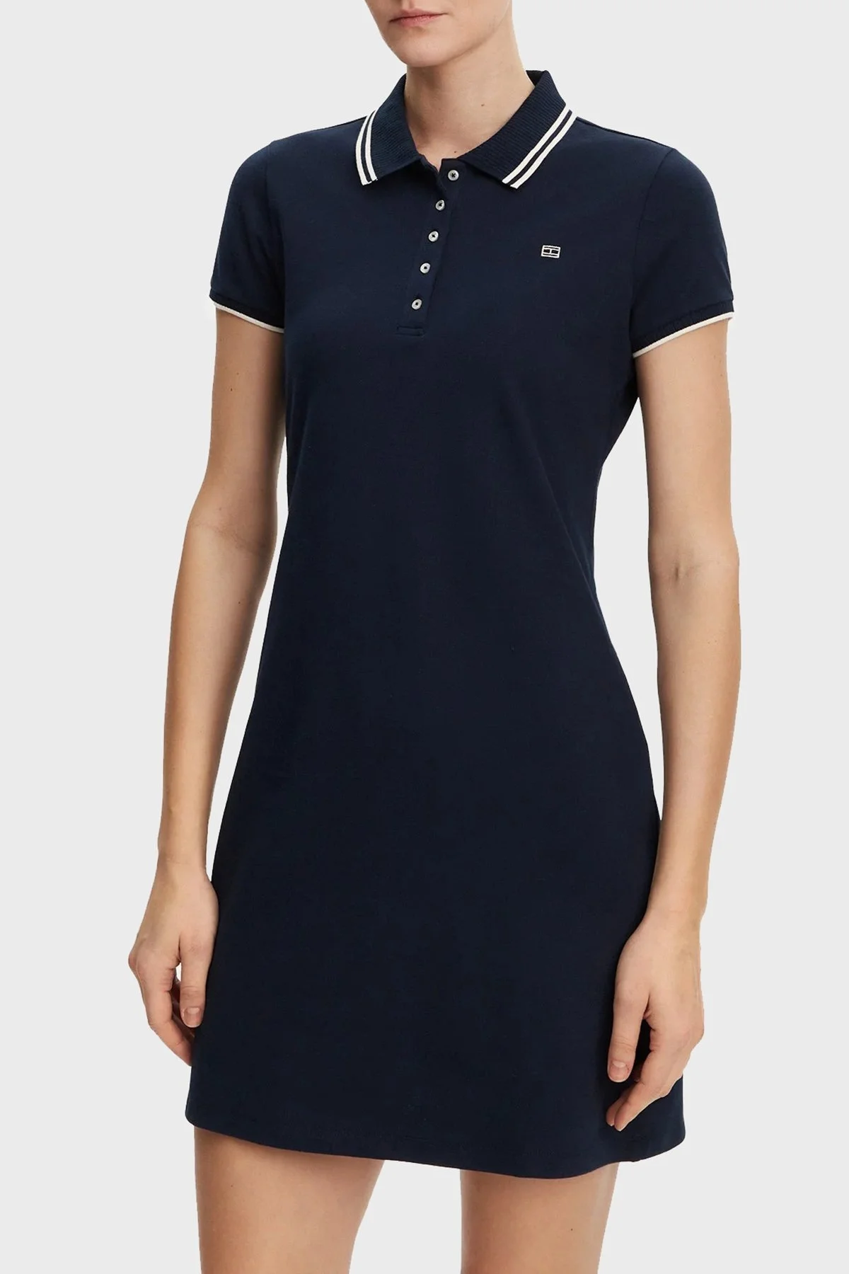 Tommy Hilfiger Streç Pamuklu Regular Fit Mini Boy Şeritli Polo Yaka Bayan Elbise WW0WW45532 C1G LACİVERT - 6