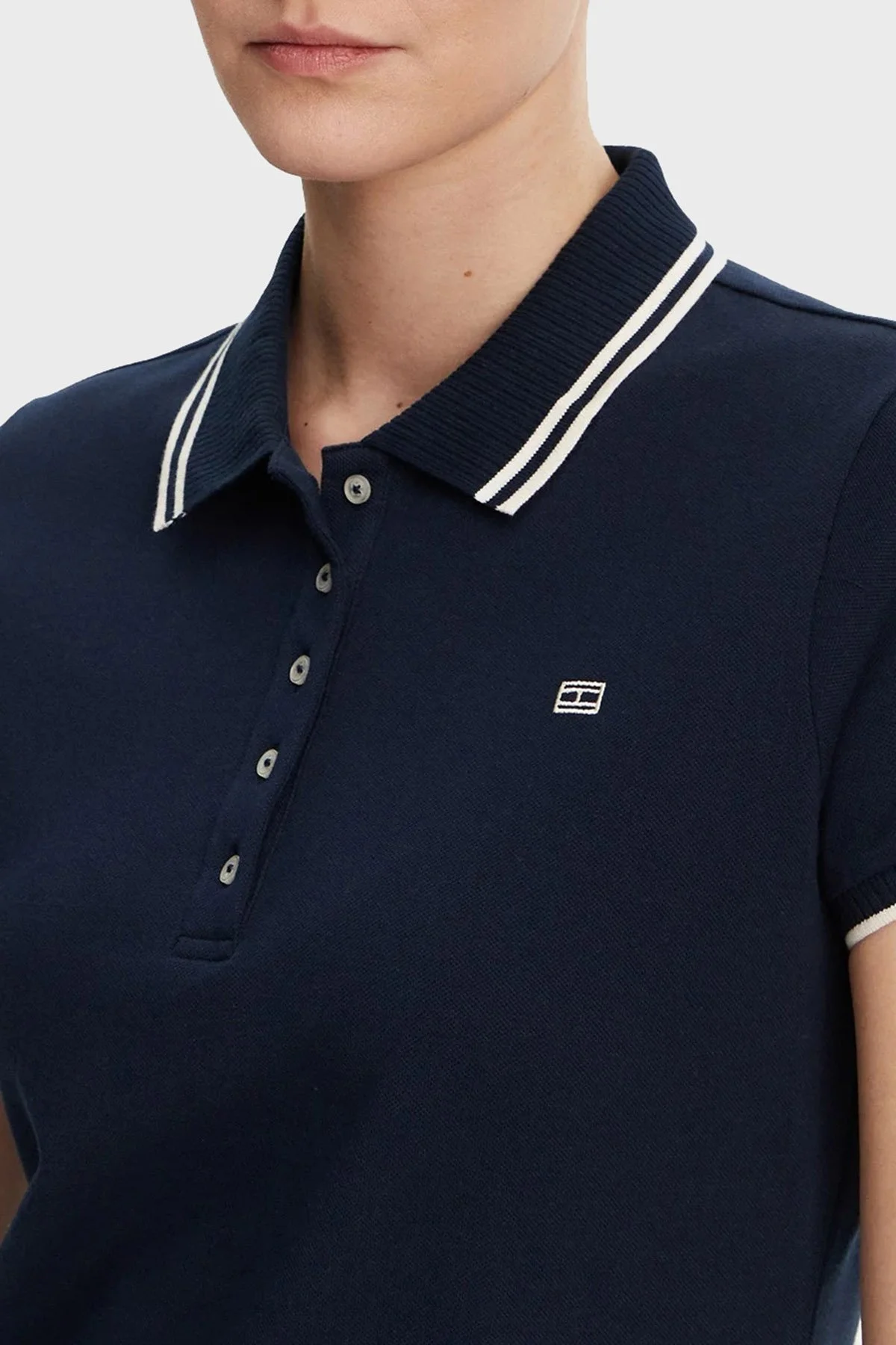 Tommy Hilfiger Streç Pamuklu Regular Fit Mini Boy Şeritli Polo Yaka Bayan Elbise WW0WW45532 C1G LACİVERT - 9