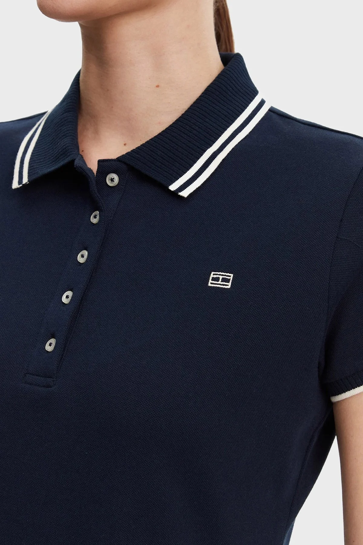 Tommy Hilfiger Streç Pamuklu Regular Fit Mini Boy Şeritli Polo Yaka Bayan Elbise WW0WW45532 C1G LACİVERT - 10