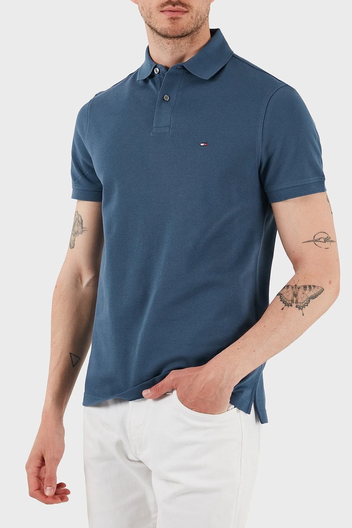 Tommy Hilfiger Streç Pamuklu Slim Fit Düğmeli Erkek Polo Yaka T Shirt MW0MW17770 DBZ MAVİ - 9