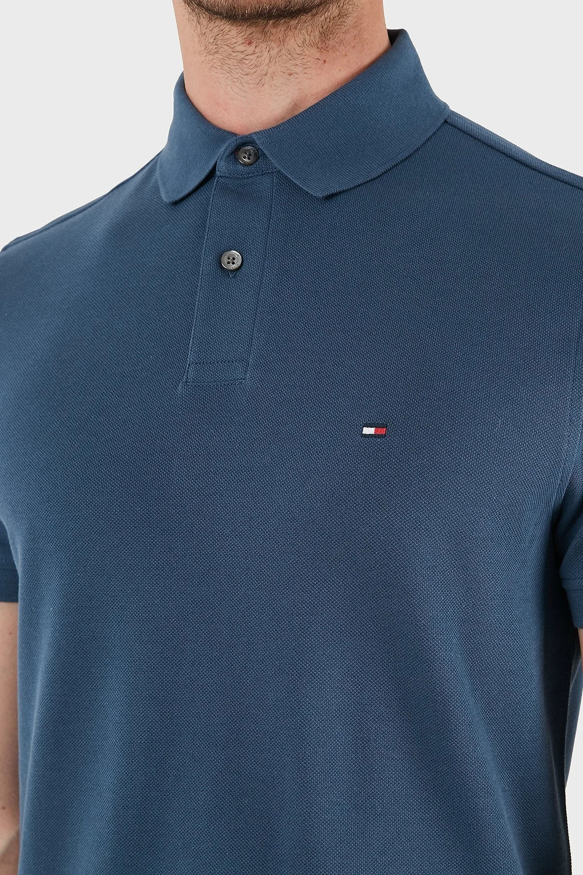 Tommy Hilfiger Streç Pamuklu Slim Fit Düğmeli Erkek Polo Yaka T Shirt MW0MW17770 DBZ MAVİ - 10