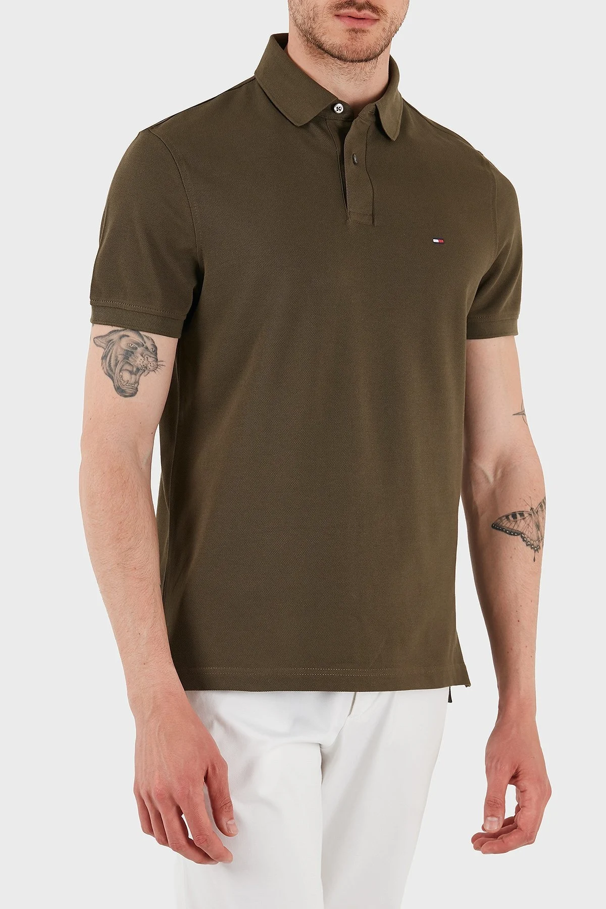 Tommy Hilfiger Streç Pamuklu Slim Fit Düğmeli Erkek Polo Yaka T Shirt MW0MW17770 RBN KOYU HAKİ - 7