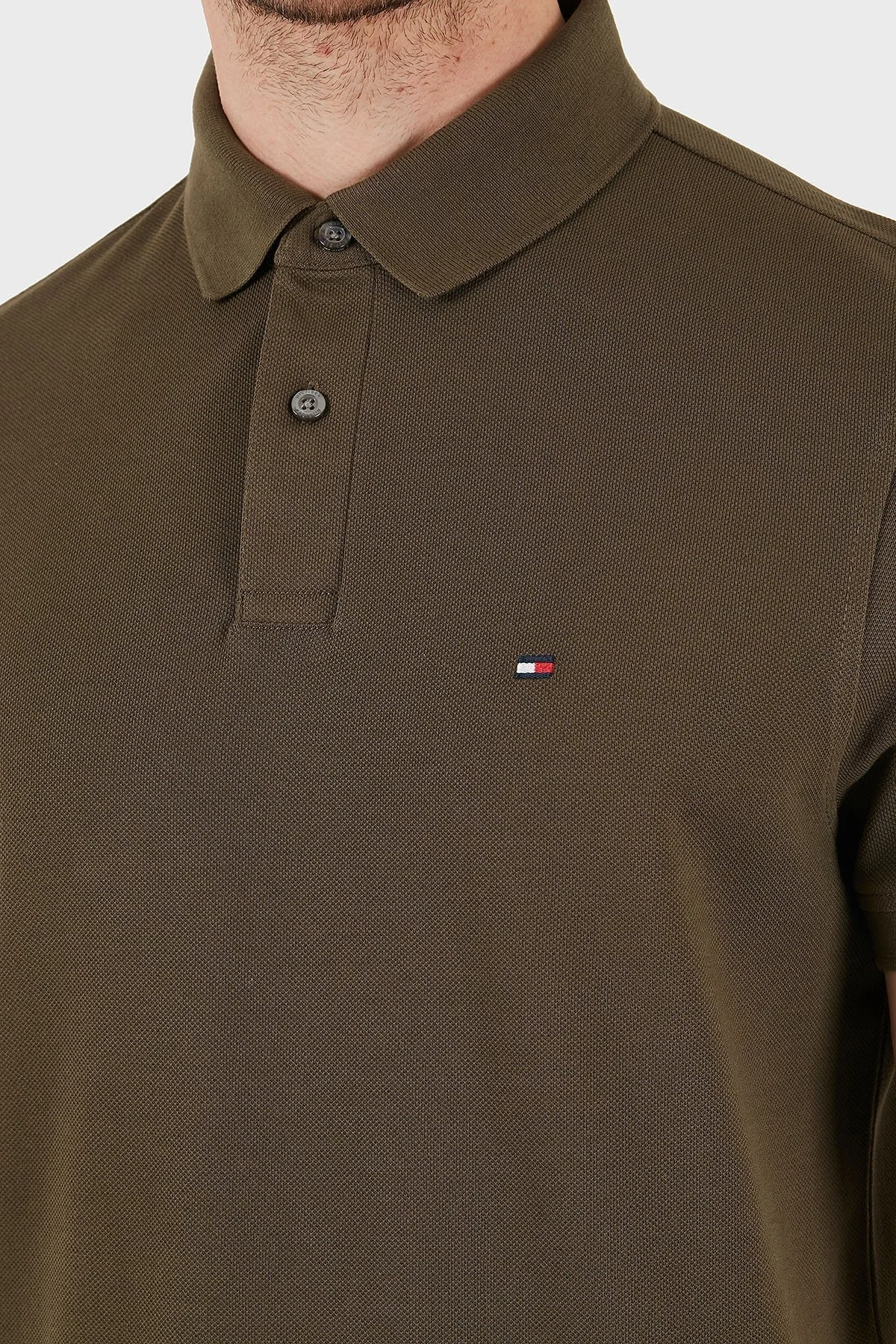 Tommy Hilfiger Streç Pamuklu Slim Fit Düğmeli Erkek Polo Yaka T Shirt MW0MW17770 RBN KOYU HAKİ - 9