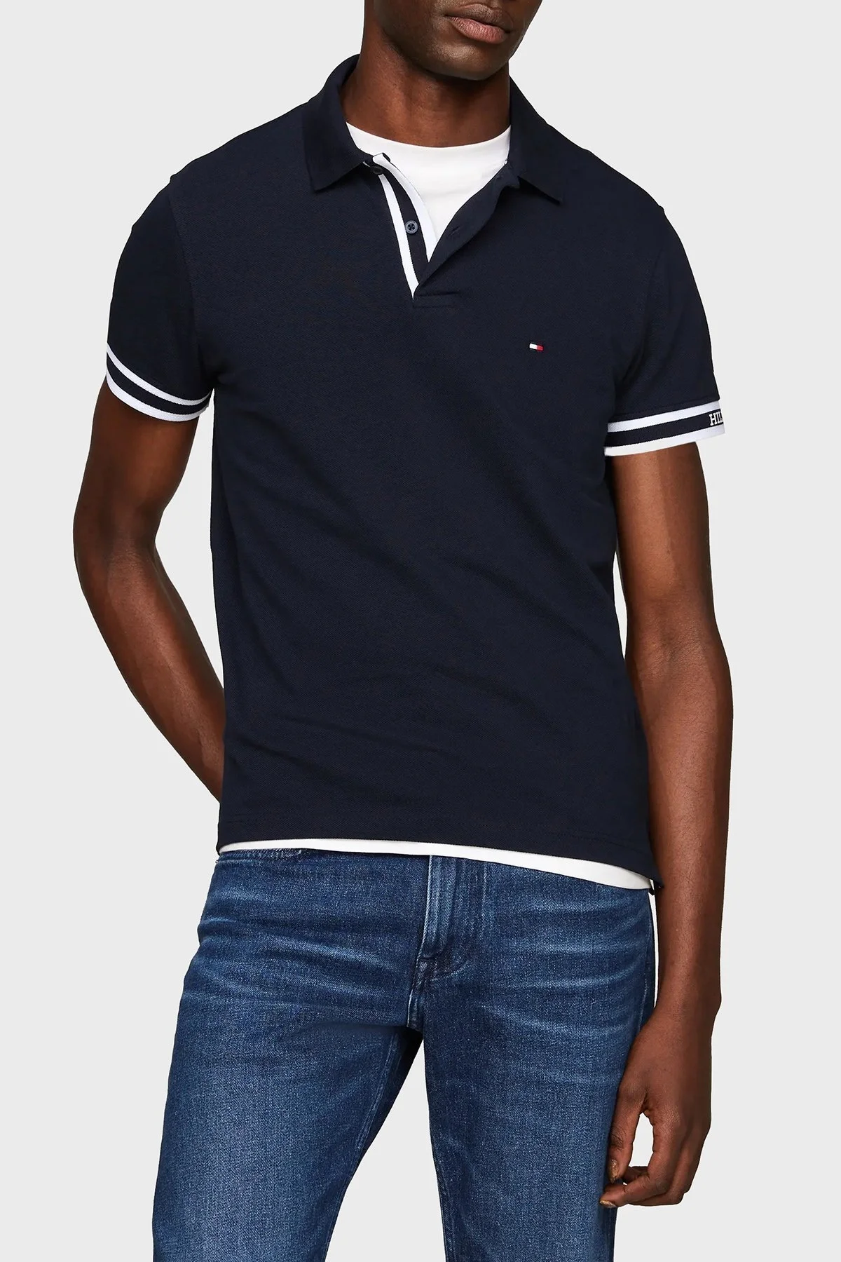 Tommy Hilfiger Streç Pamuklu Slim Fit Erkek Polo Yaka T Shirt MW0MW34737 DW5 LACİVERT - 1
