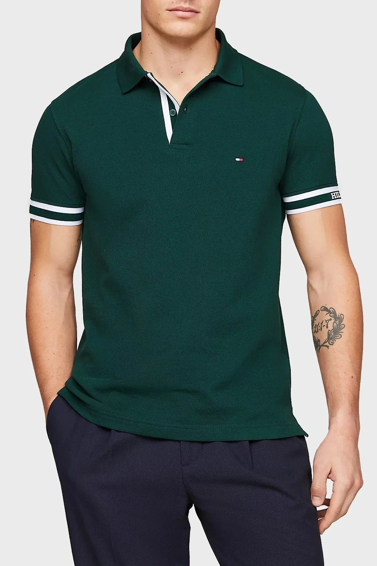 Tommy Hilfiger Streç Pamuklu Slim Fit Erkek Polo Yaka T Shirt MW0MW34737 MBP KOYU YEŞİL - 1