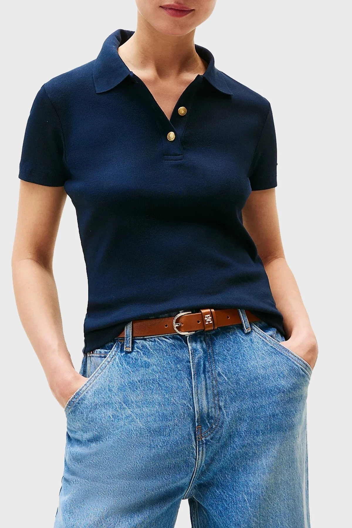 Tommy Hilfiger Streç Pamuklu Slim Fit Gold Düğmeli Bayan Polo Yaka T Shirt WW0WW45436 C1G LACİVERT - 6