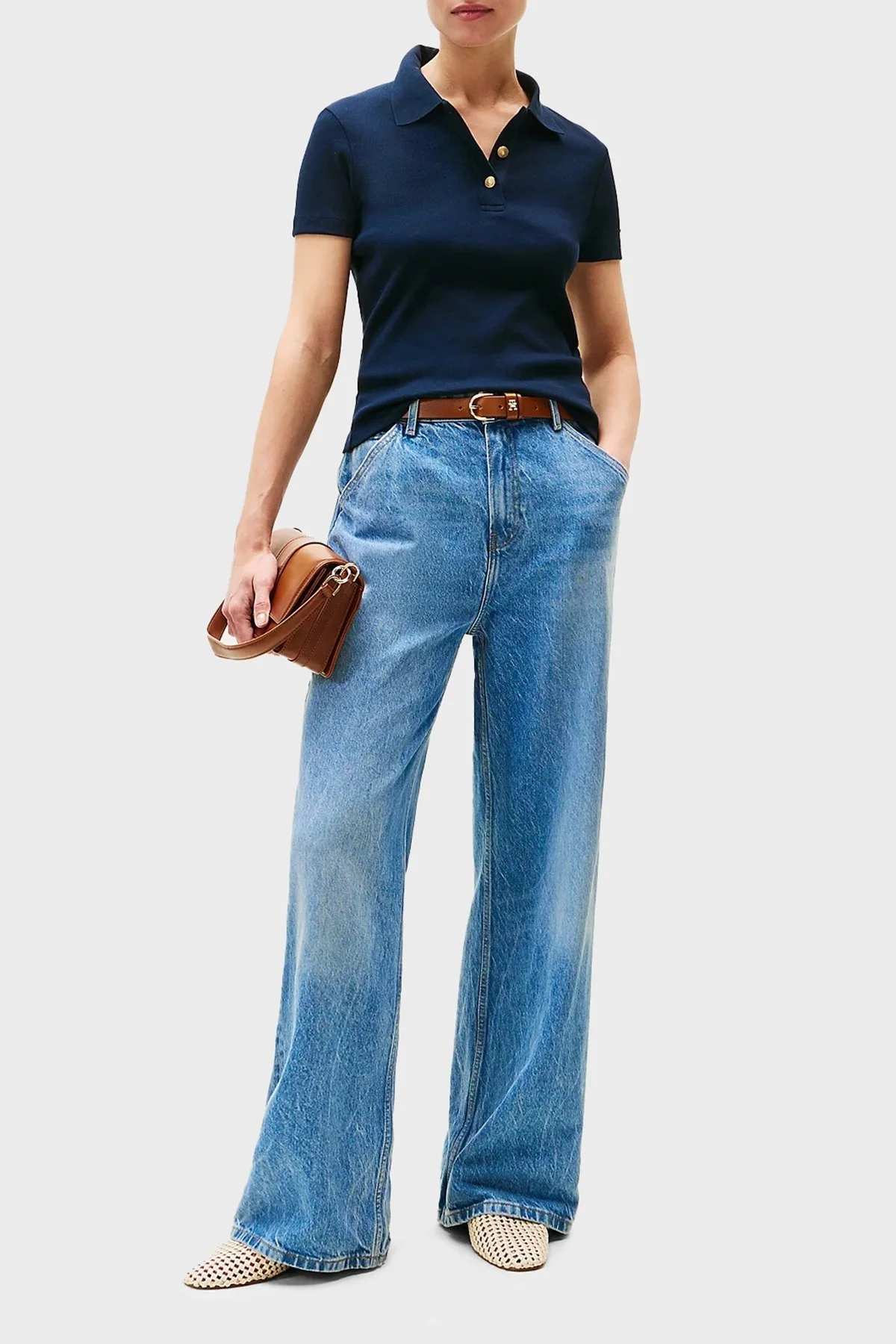 Tommy Hilfiger Streç Pamuklu Slim Fit Gold Düğmeli Bayan Polo Yaka T Shirt WW0WW45436 C1G LACİVERT - 7