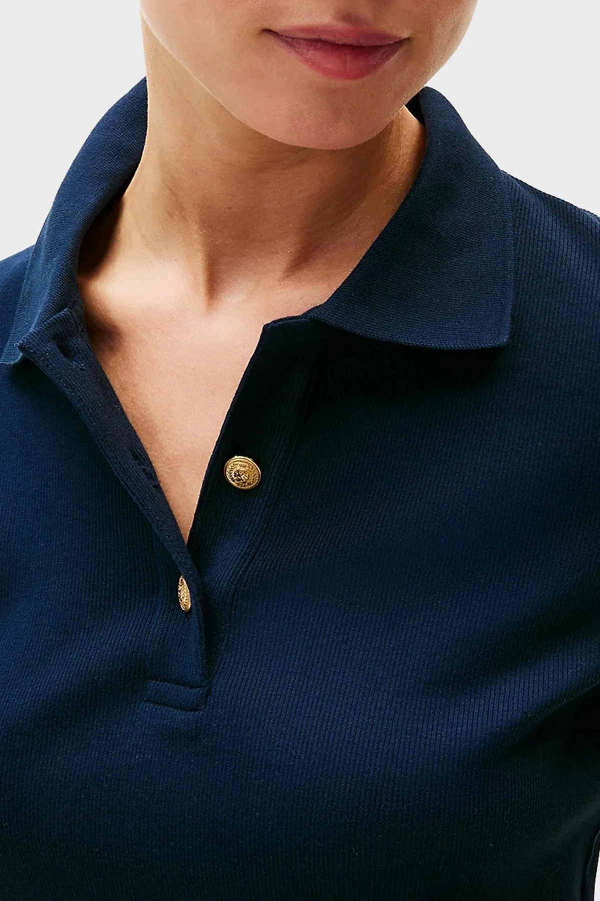 Tommy Hilfiger Streç Pamuklu Slim Fit Gold Düğmeli Bayan Polo Yaka T Shirt WW0WW45436 C1G LACİVERT - 9