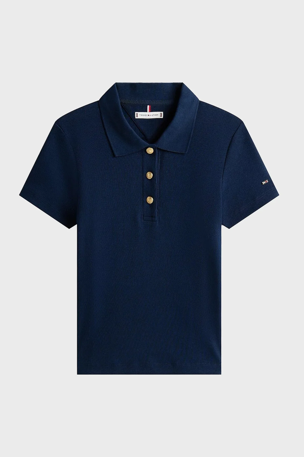 Tommy Hilfiger Streç Pamuklu Slim Fit Gold Düğmeli Bayan Polo Yaka T Shirt WW0WW45436 C1G LACİVERT - 10
