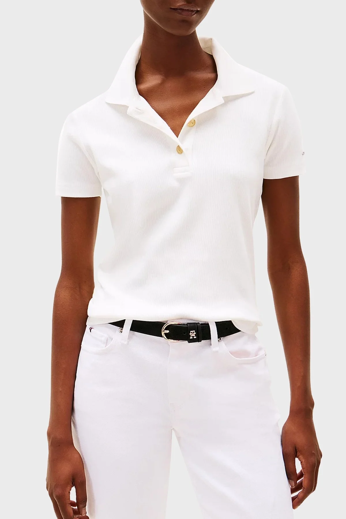 Tommy Hilfiger Streç Pamuklu Slim Fit Gold Düğmeli Bayan Polo Yaka T Shirt WW0WW45436 YBL BEYAZ - 5