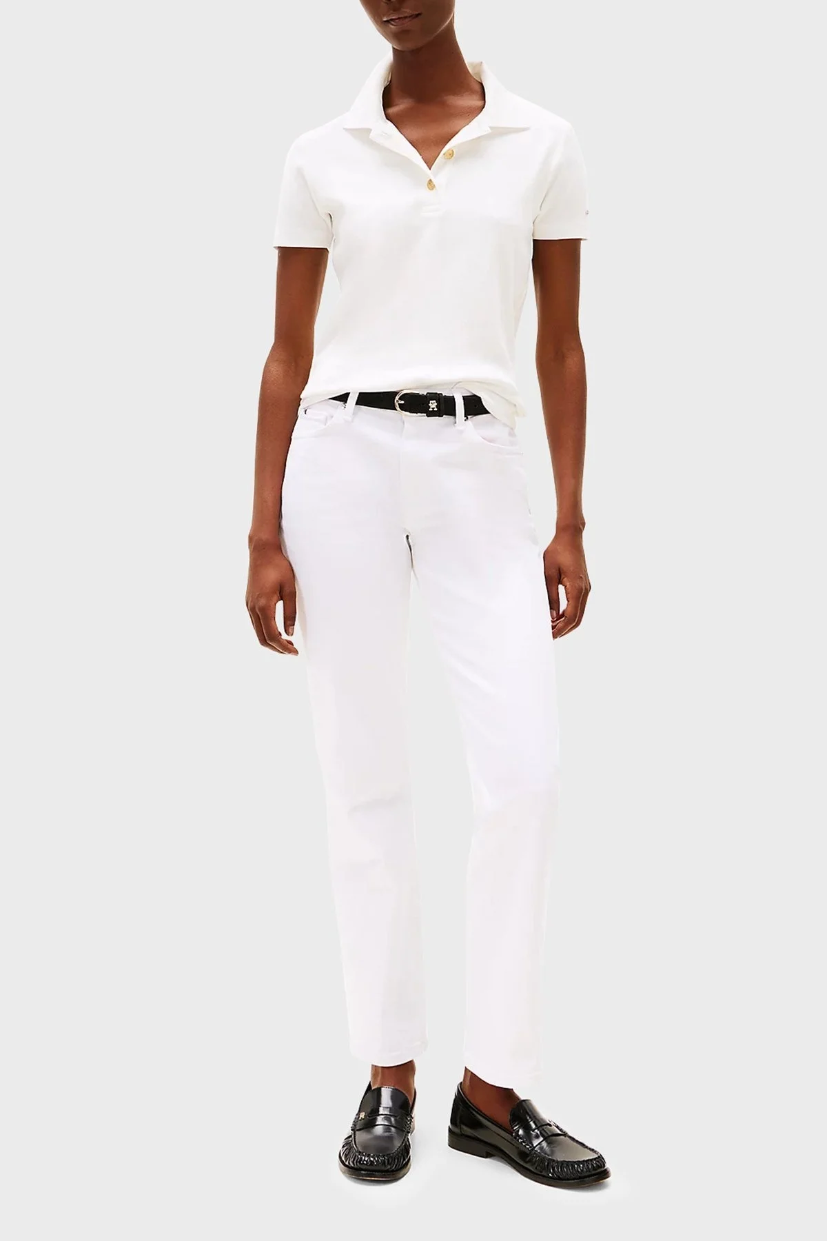 Tommy Hilfiger Streç Pamuklu Slim Fit Gold Düğmeli Bayan Polo Yaka T Shirt WW0WW45436 YBL BEYAZ - 6