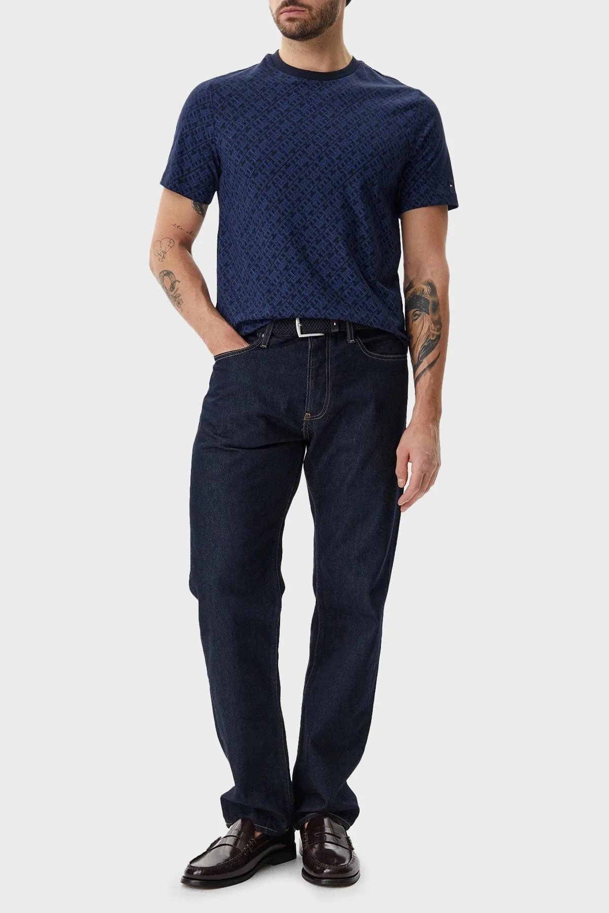 Tommy Hilfiger Tamamı Logolu % 100 Pamuk Regular Fit Bisiklet Yaka Erkek T Shirt MW0MW39251 DW5 LACİVERT - 7