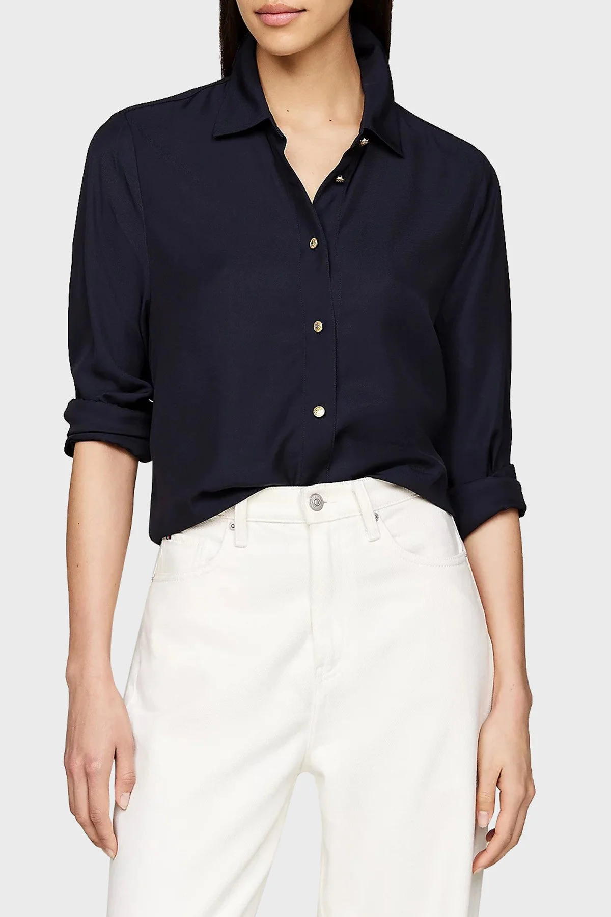 Tommy Hilfiger Yırtmaçlı Relaxed Fit Düz Yaka Bayan Gömlek WW0WW43066 DW5 LACİVERT - 1