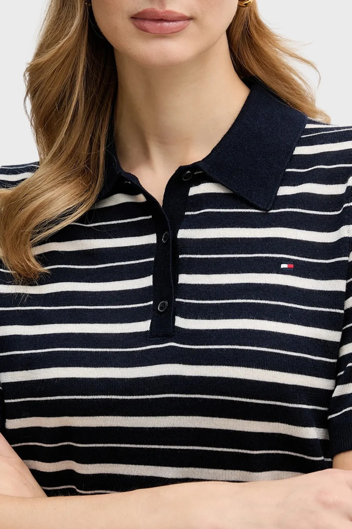 Tommy Hilfiger Yün ve İpek Karışımlı Çizgili Düğmeli Polo Yaka Bayan Kazak WW0WW48450 0A6 LACİVERT - 9