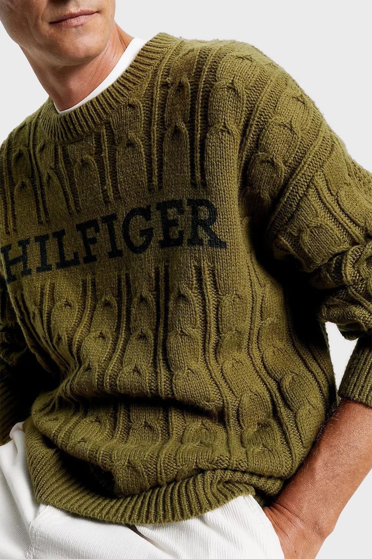 Tommy Hilfiger Yünlü Oversize Fit Bisiklet Yaka Erkek Kazak MW0MW33082 0H7 KOYU YEŞİL - 1