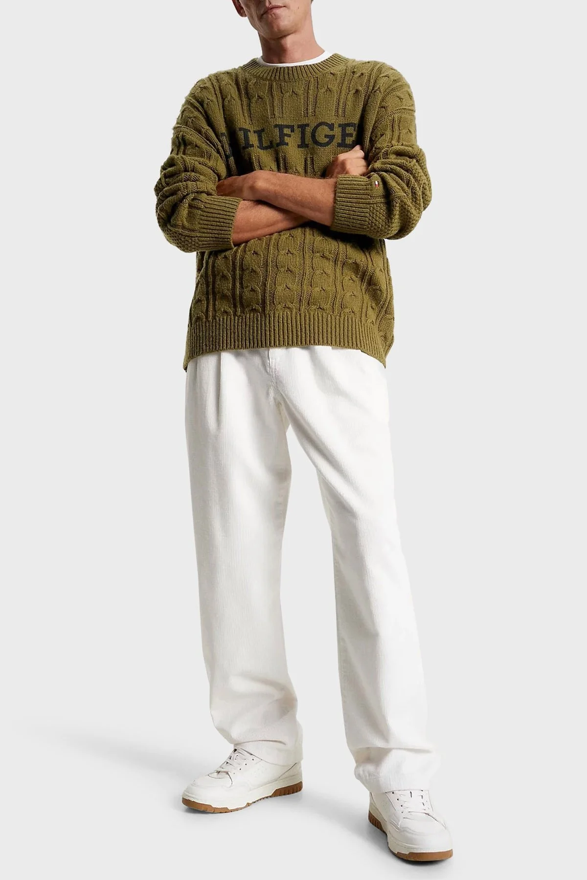 Tommy Hilfiger Yünlü Oversize Fit Bisiklet Yaka Erkek Kazak MW0MW33082 0H7 KOYU YEŞİL - 2