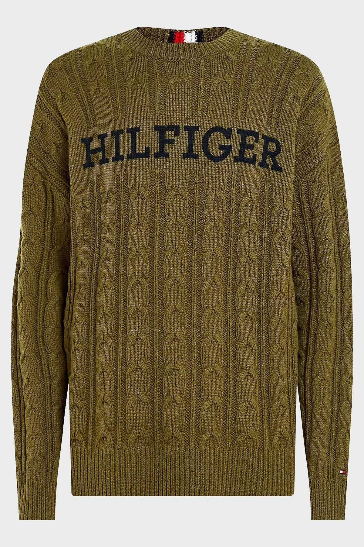 Tommy Hilfiger Yünlü Oversize Fit Bisiklet Yaka Erkek Kazak MW0MW33082 0H7 KOYU YEŞİL - 4