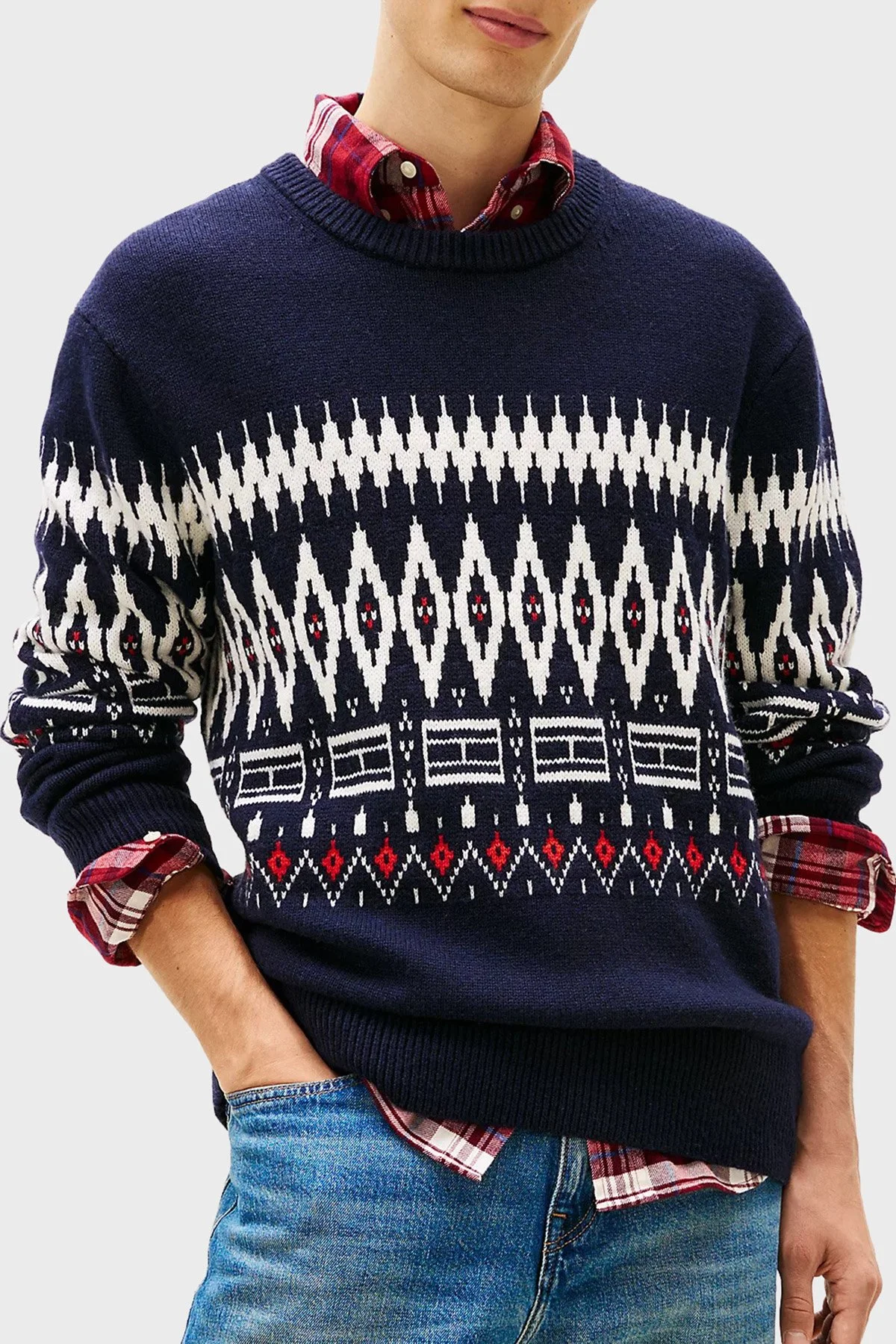 Tommy Hilfiger Yünlü Regular Fit Bisiklet Yaka Erkek Kazak MW0MW40844 0A4 LACİVERT-BEYAZ - 1