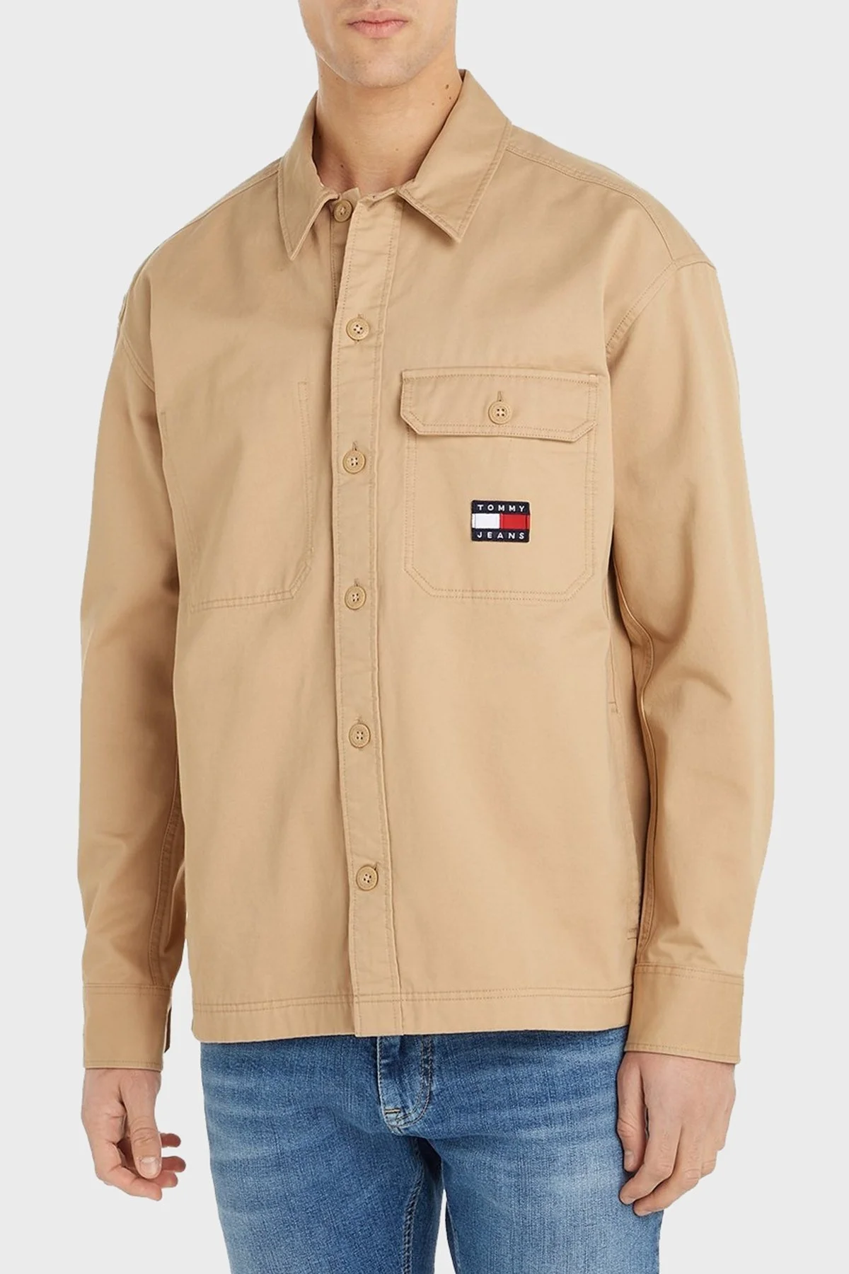 Tommy Jeans % 100 Pamuk Cepli Oversize Erkek Gömlek DM0DM17256 AB0 BEJ - 1