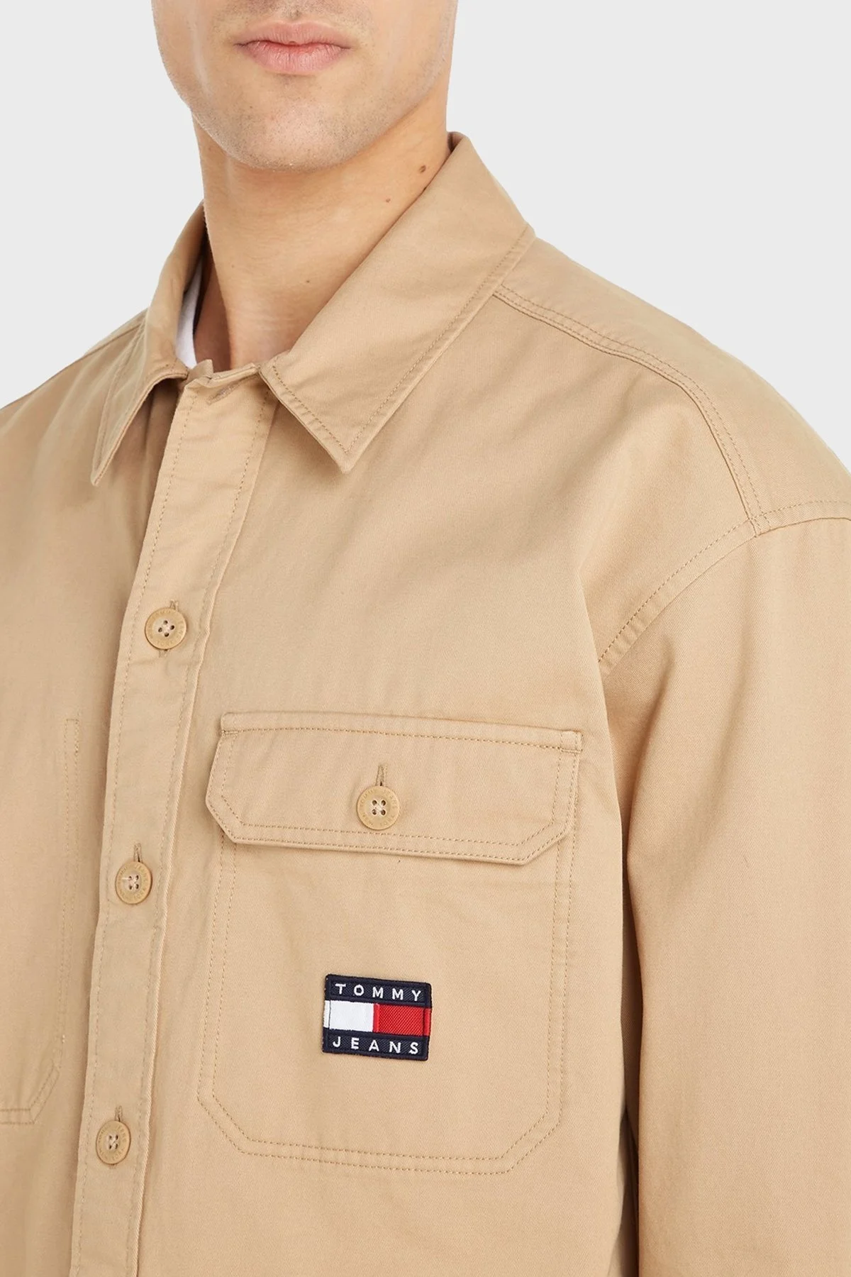 Tommy Jeans % 100 Pamuk Cepli Oversize Erkek Gömlek DM0DM17256 AB0 BEJ - 3