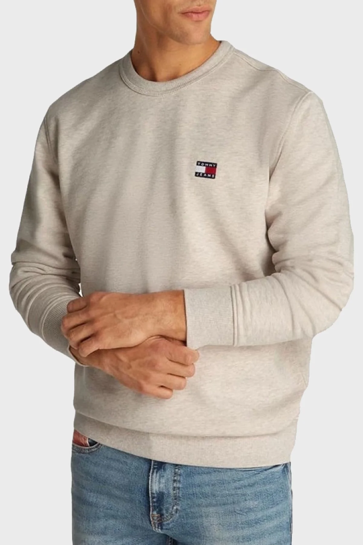 Tommy Jeans % 100 Pamuk Regular Fit Bisiklet Yaka Erkek Sweat DM0DM20660 AE3 BEJ - 1