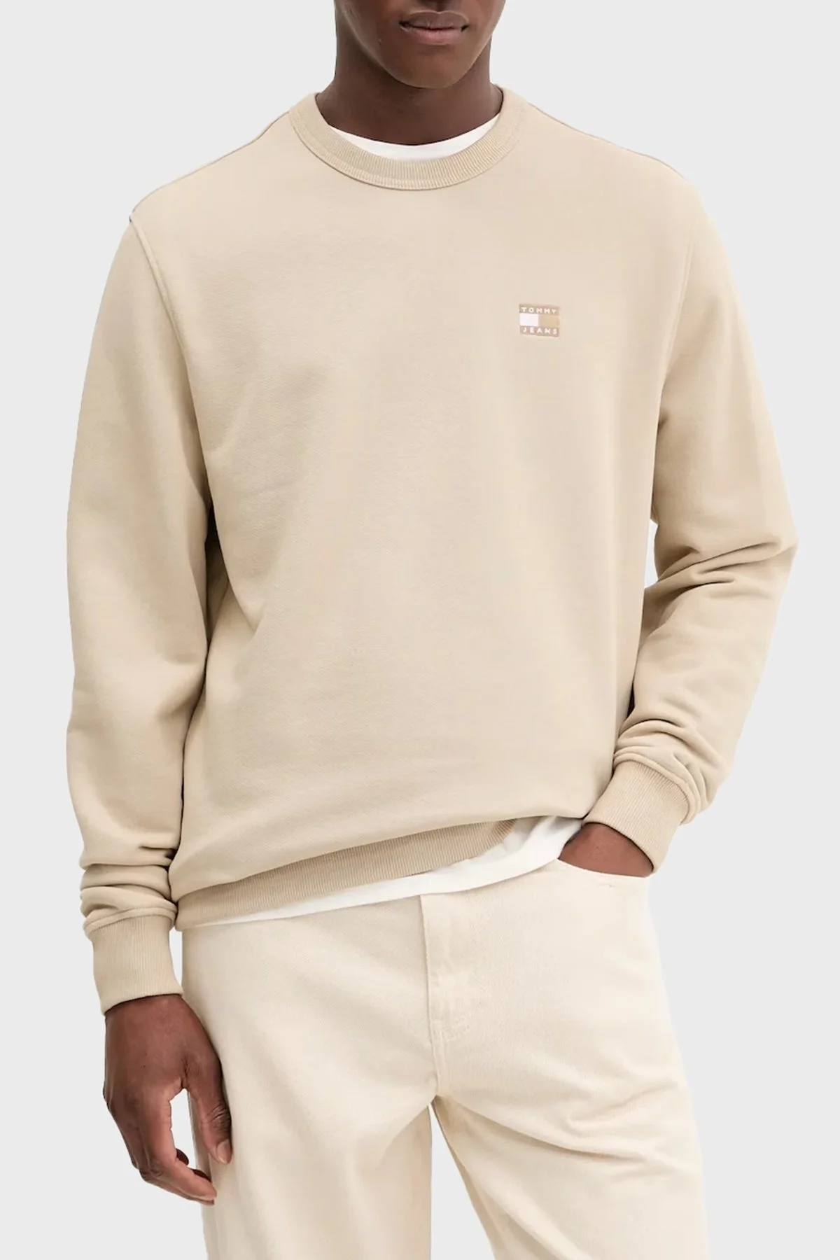 Tommy Jeans % 100 Pamuk Regular Fit Bisiklet Yaka Erkek Sweat DM0DM20660 RBV BEJ - 1