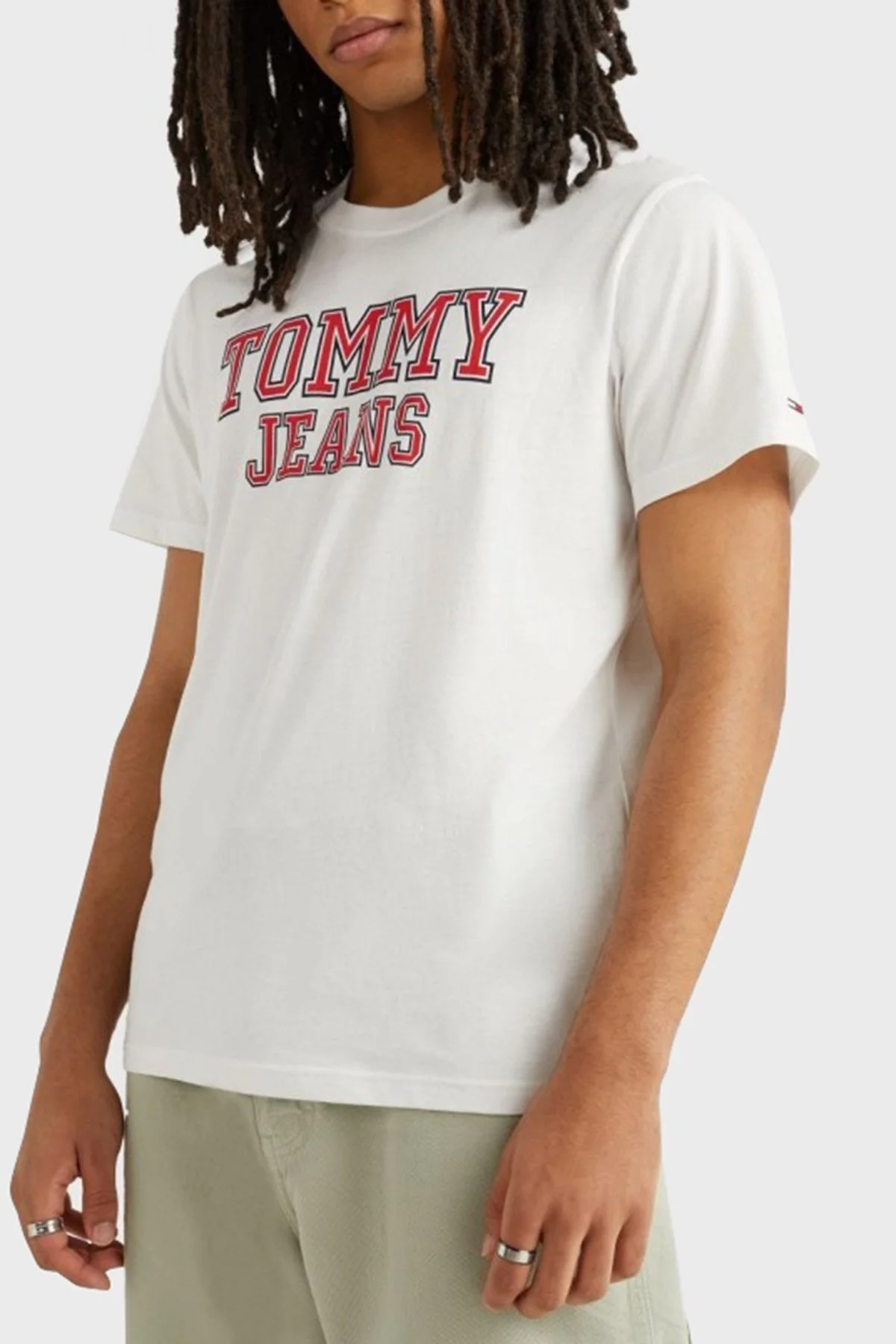 Tommy Jeans % 100 Pamuk Regular Fit Bisiklet Yaka Erkek T Shirt DM0DM16405 YBR BEYAZ - 1