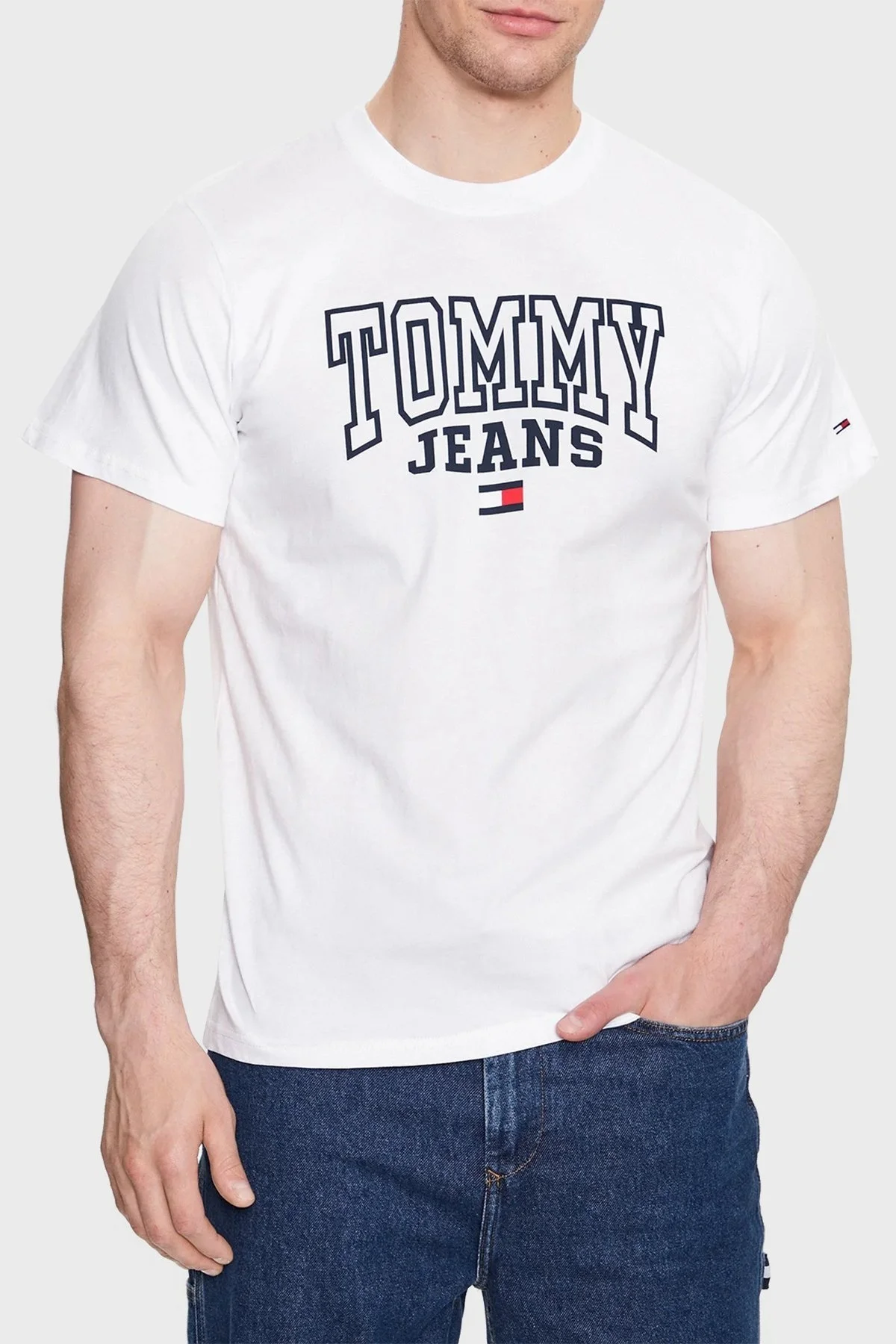 Tommy Jeans % 100 Pamuk Regular Fit Bisiklet Yaka Erkek T Shirt DM0DM16831 YBR BEYAZ - 1