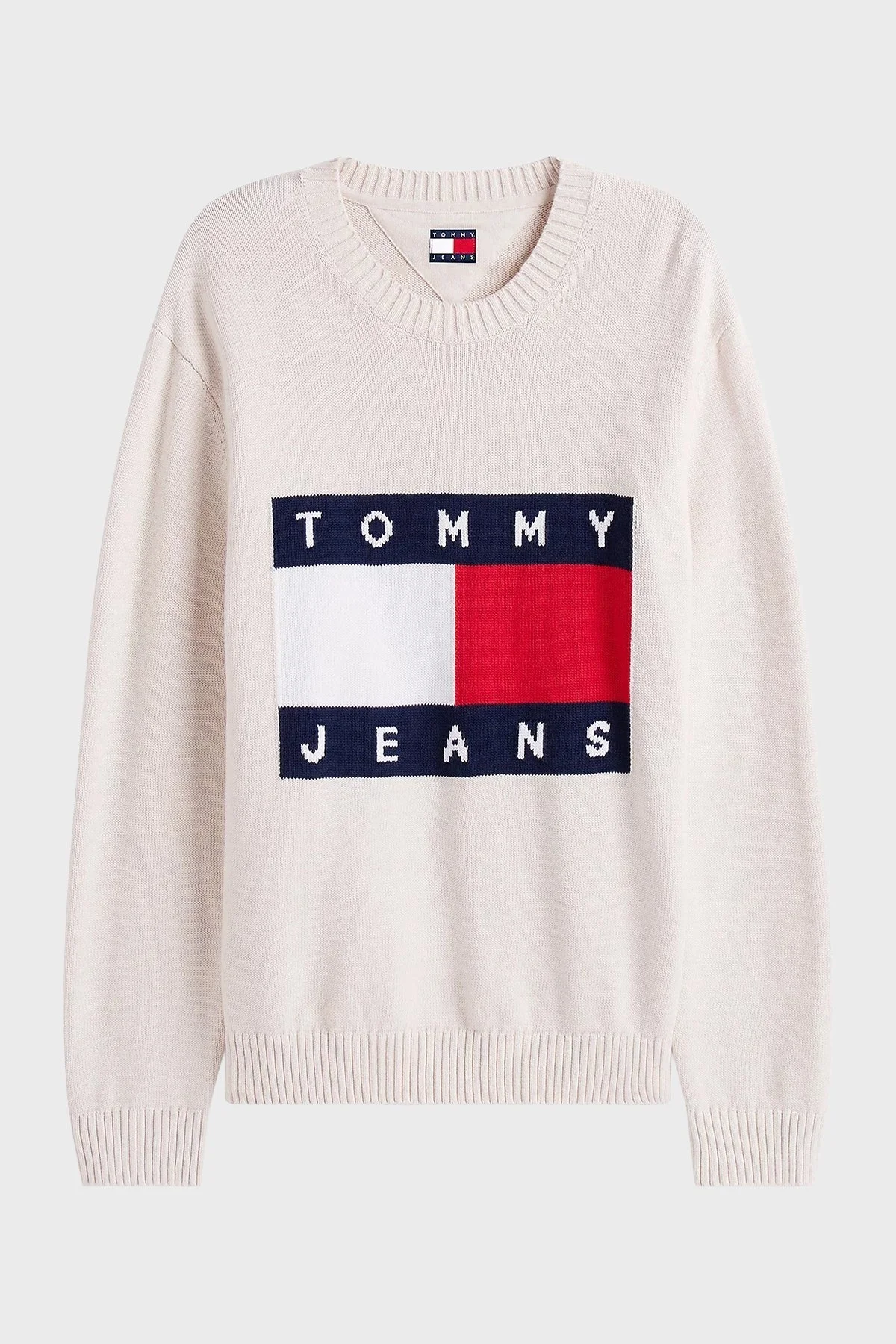 Tommy Jeans % 100 Pamuk Regular Fit Bisiklet Yaka Logolu Erkek Kazak DM0DM22105 AFN BEJ - 5