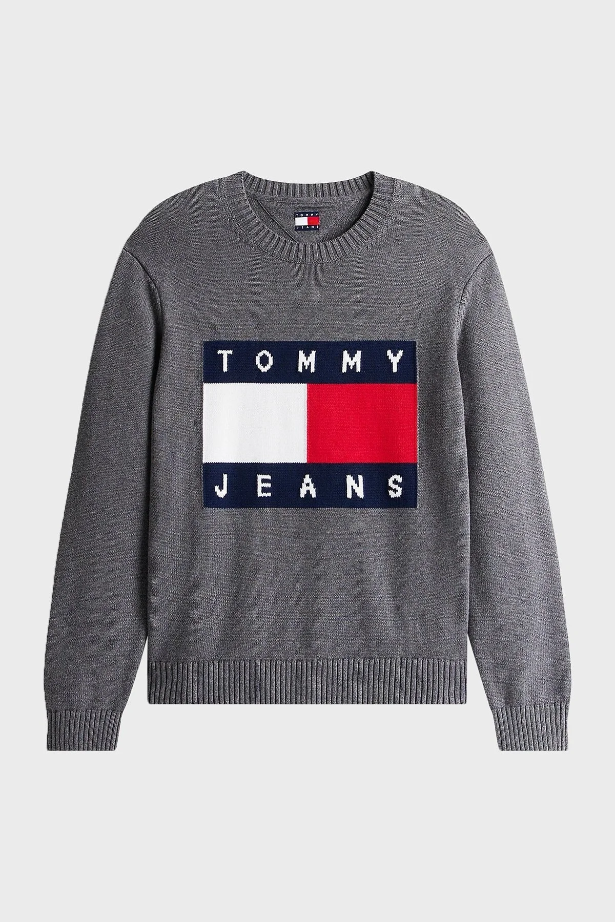 Tommy Jeans % 100 Pamuk Regular Fit Bisiklet Yaka Logolu Erkek Kazak DM0DM22105 PU2 GRİ - 5