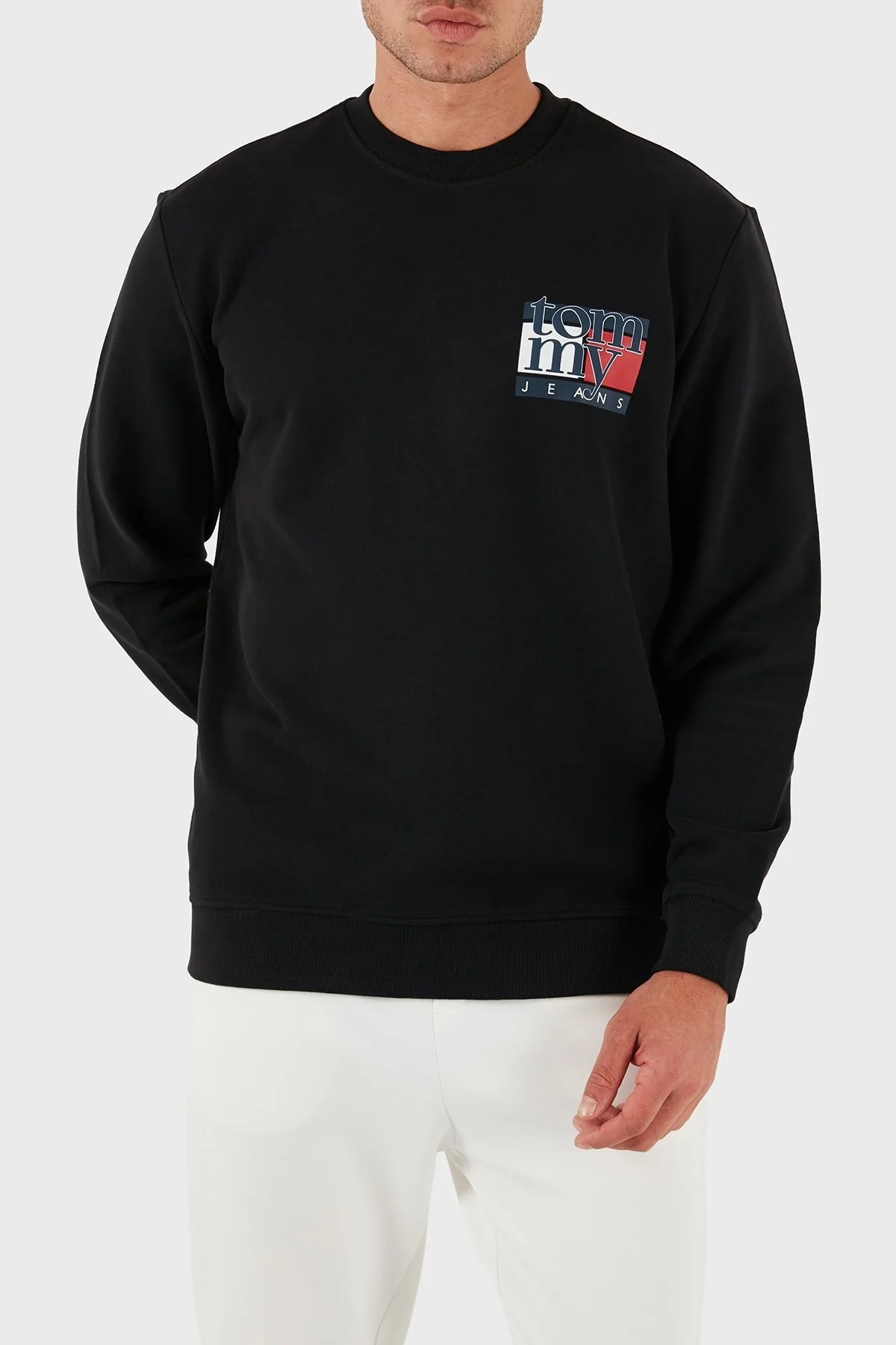 Tommy Jeans % 100 Pamuk Regular Fit Bisiklet Yaka Logolu Erkek Sweat DM0DM22093 BDS SİYAH - 3