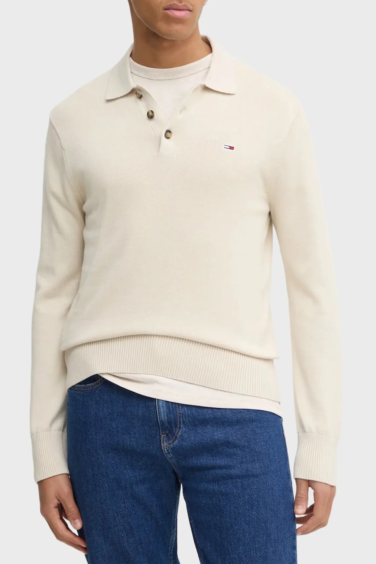 Tommy Jeans % 100 Pamuk Regular Fit Düğmeli Erkek Polo Yaka Kazak DM0DM20304 ACH KREM - 1
