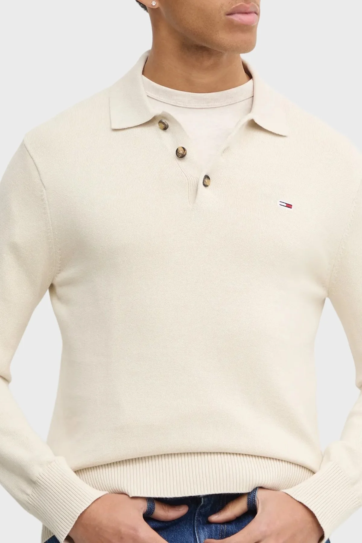 Tommy Jeans % 100 Pamuk Regular Fit Düğmeli Erkek Polo Yaka Kazak DM0DM20304 ACH KREM - 3